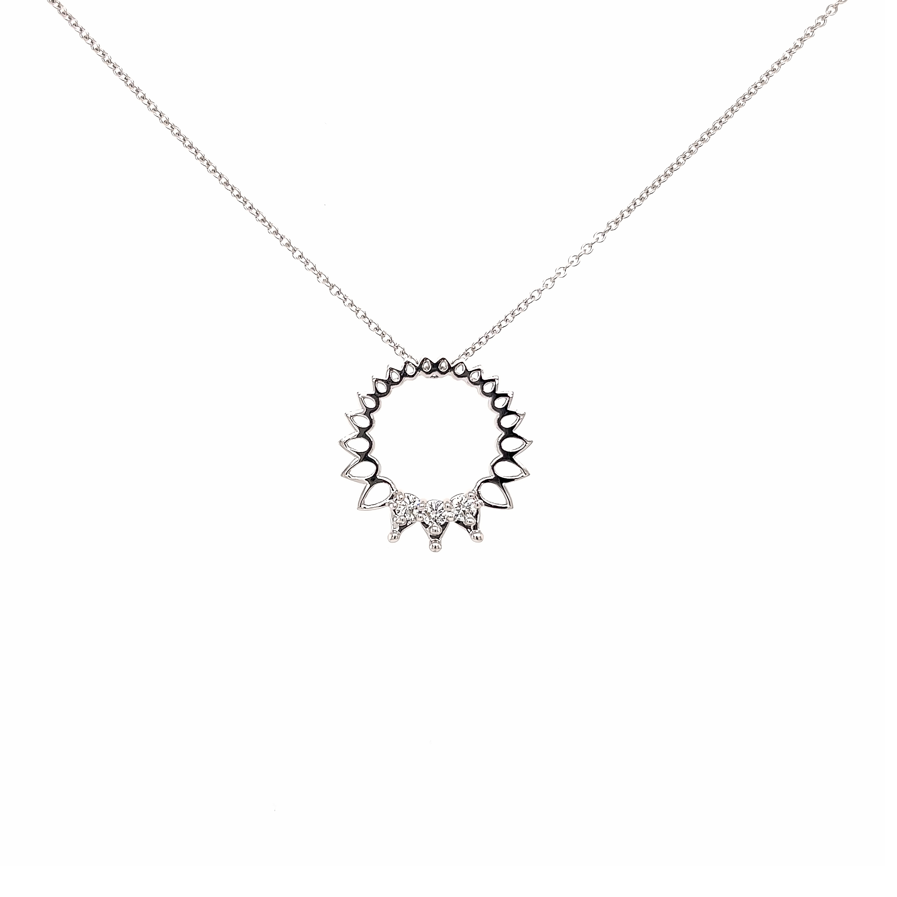 14 Karat white gold Circle Necklace with 3=0.15tw Round Brilliant G VS Diamonds