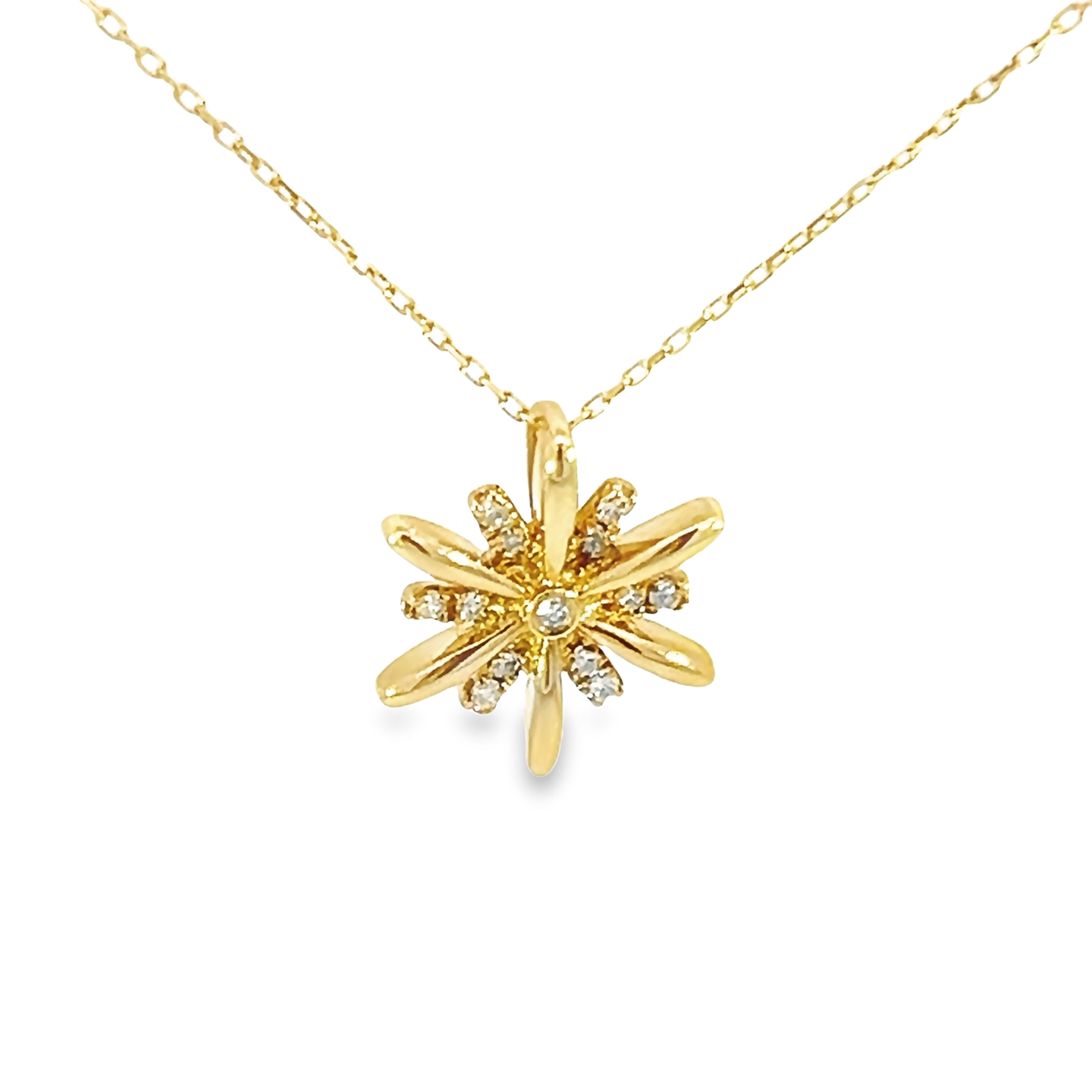 14k Yellow Gold Diamond Snowflake Pendant Necklace