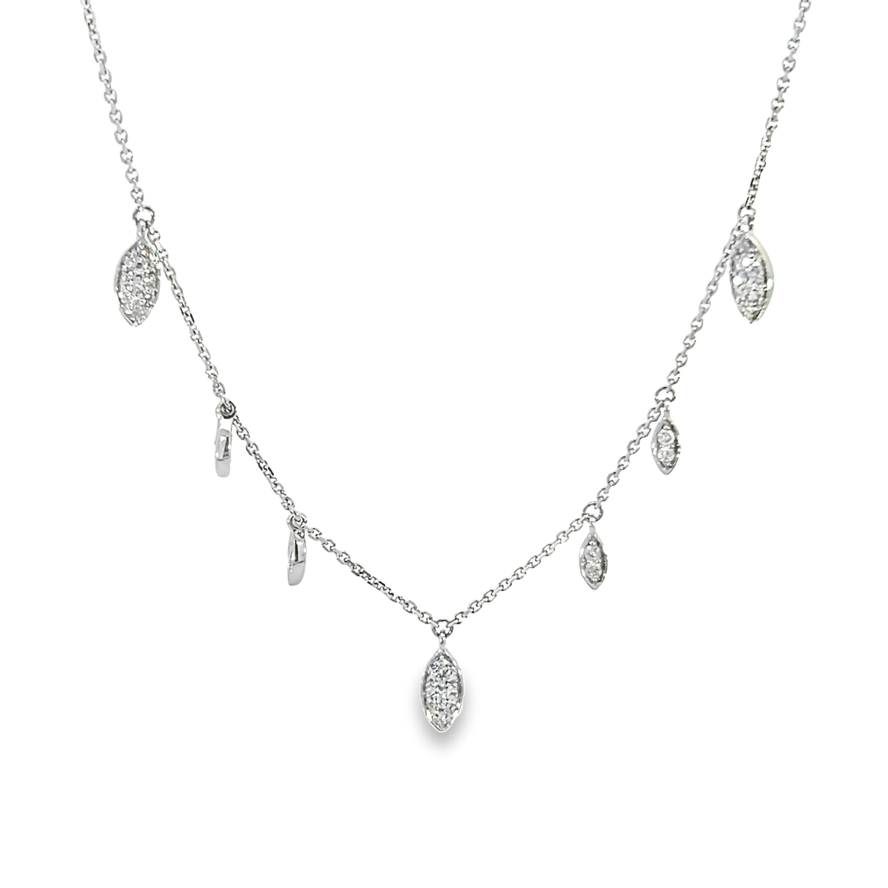 14 Karat white gold station necklace with 38=0.19Tw Single Cut H SI Diamonds
