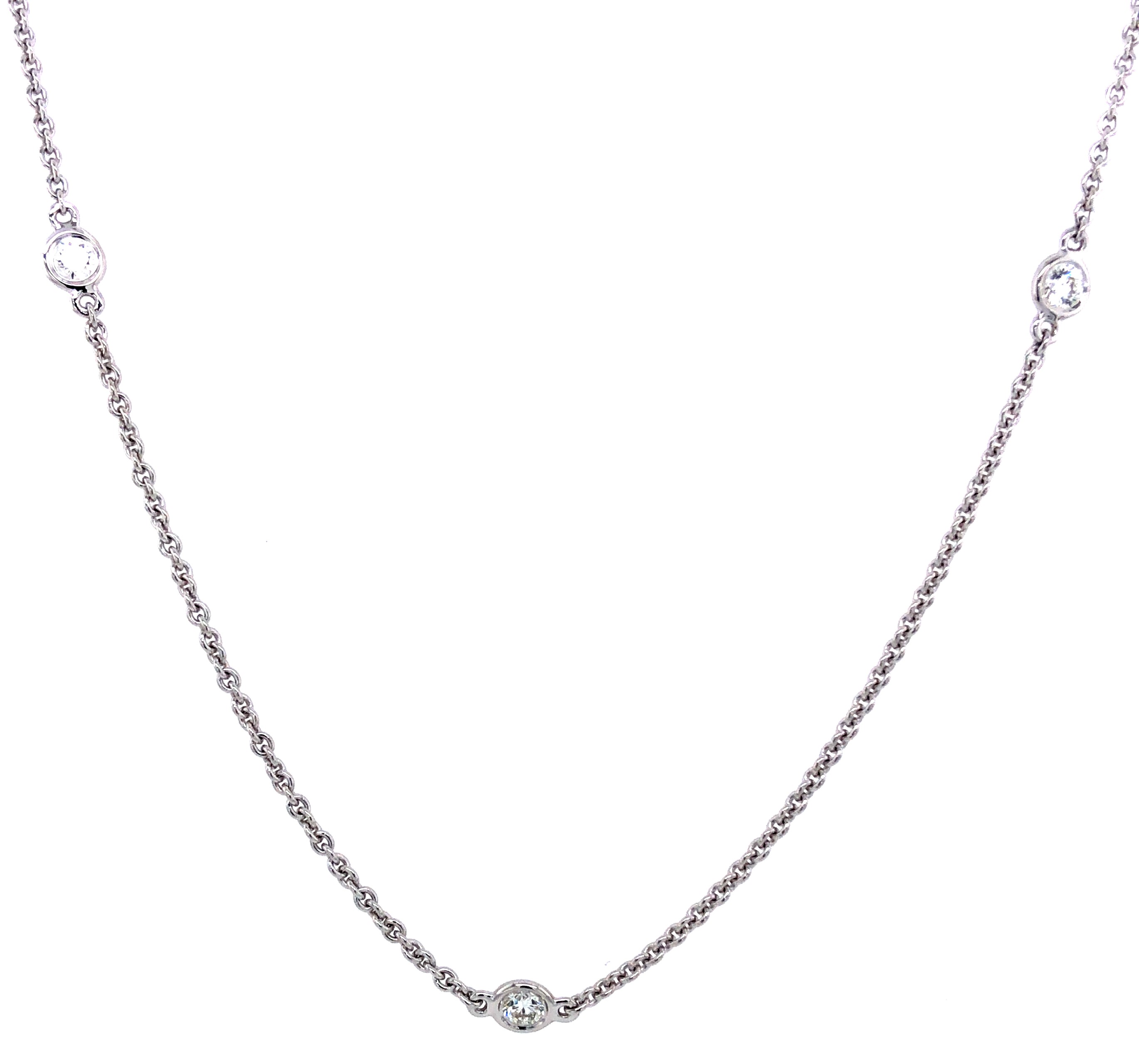 14 karat white gold diamonds by the yard necklace with 7=0.50 total weight round brilliant G VS Diamonds 18"-20"