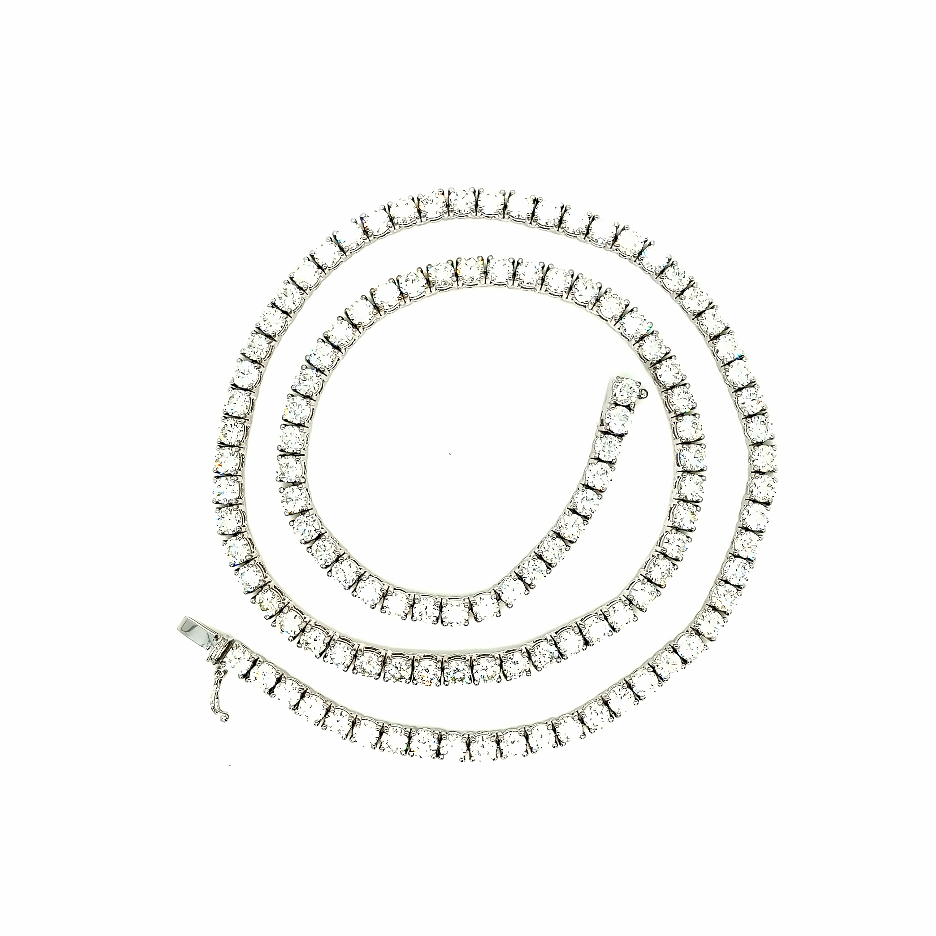 14 Karat white gold riviera necklace with 124=12.00tw Round Brilliant G SI Diamonds