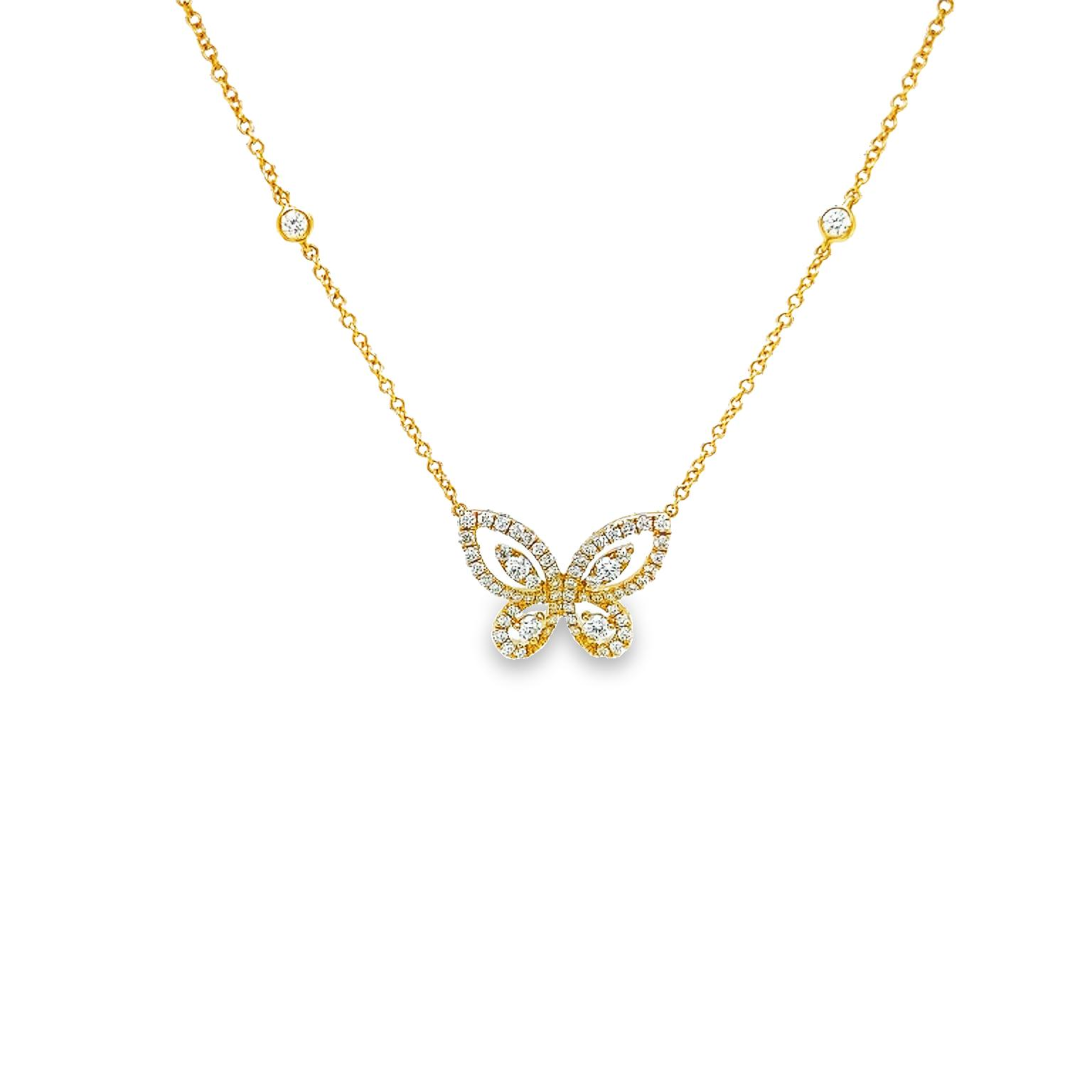 14 Karat yellow gold butterfly necklace with 65=0.65 total weight round brilliant G VS Diamonds