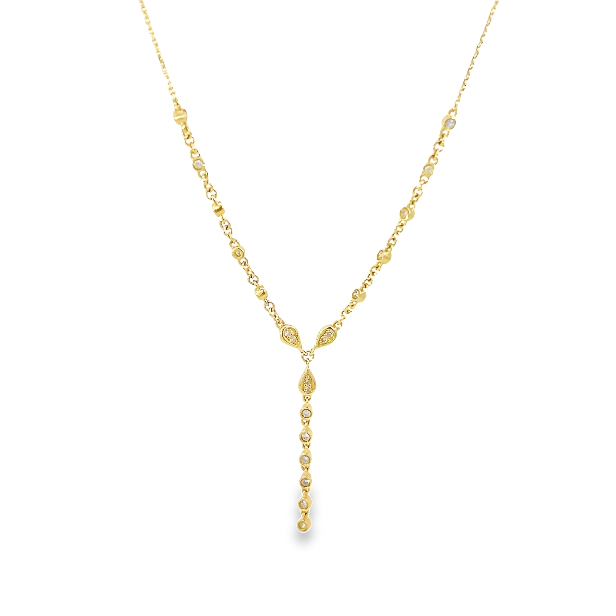 14 Karat yellow gold Y drop necklace with 28=0.30Tw Round Brilliant G I Diamonds