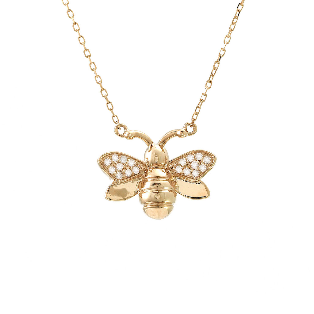 14 Karat yellow gold bee necklace with 18=0.05 total weight single cut G I Diamonds