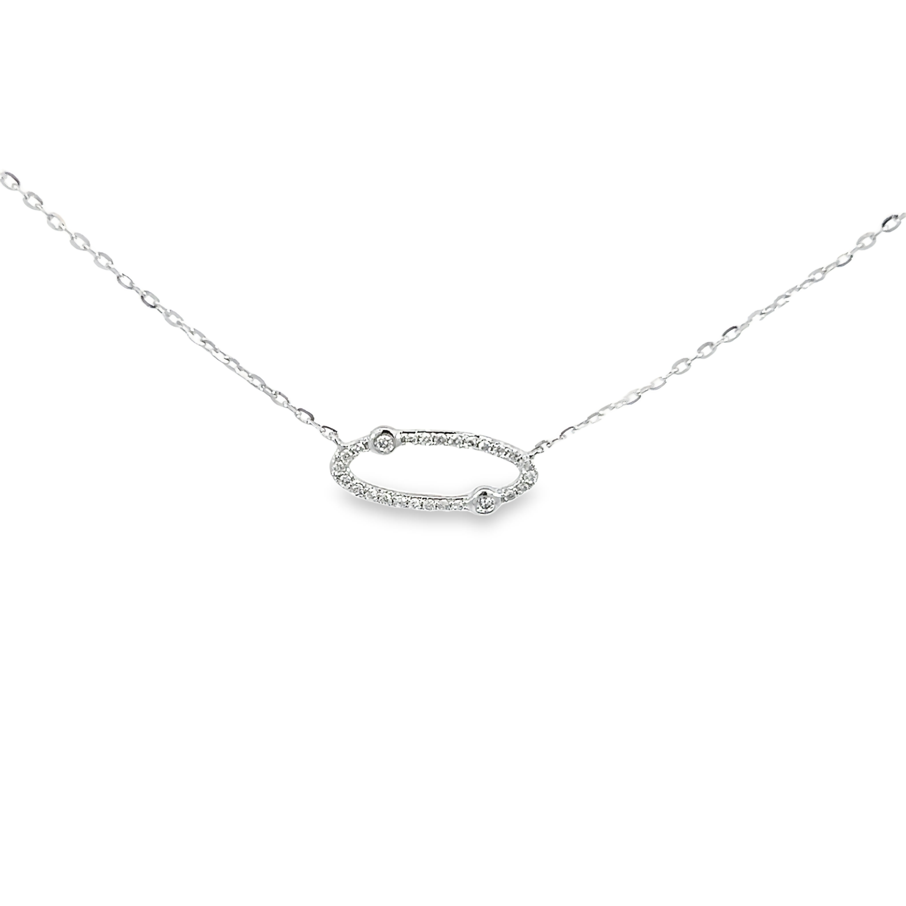 14 Karat white gold oval shape necklace Length 18 with 26=0.09 total weight Round Brilliant G SI Diamonds