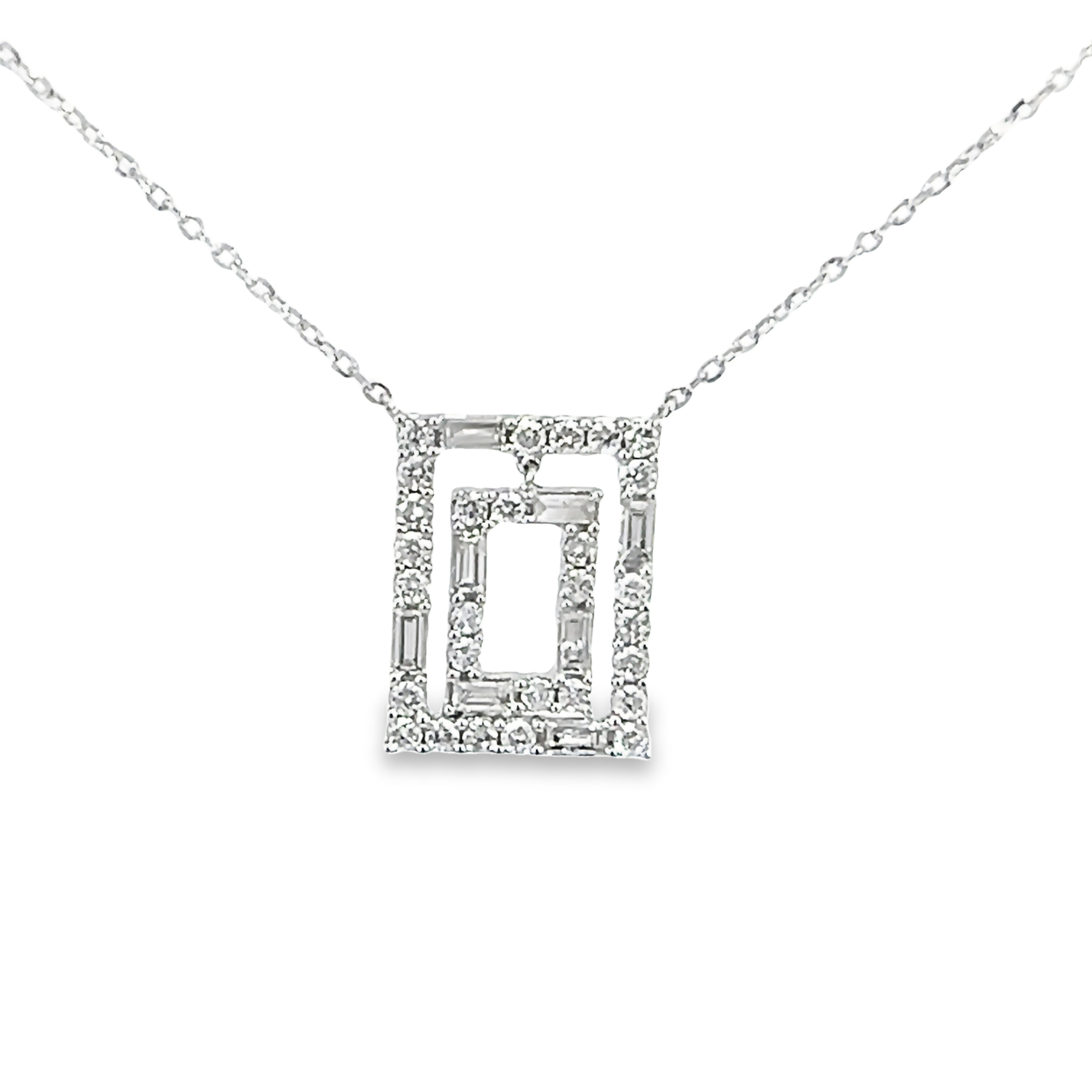 14 Karat white gold rectangle diamond necklace with 36=0.47 total weight rectangle and round G SI Diamonds
