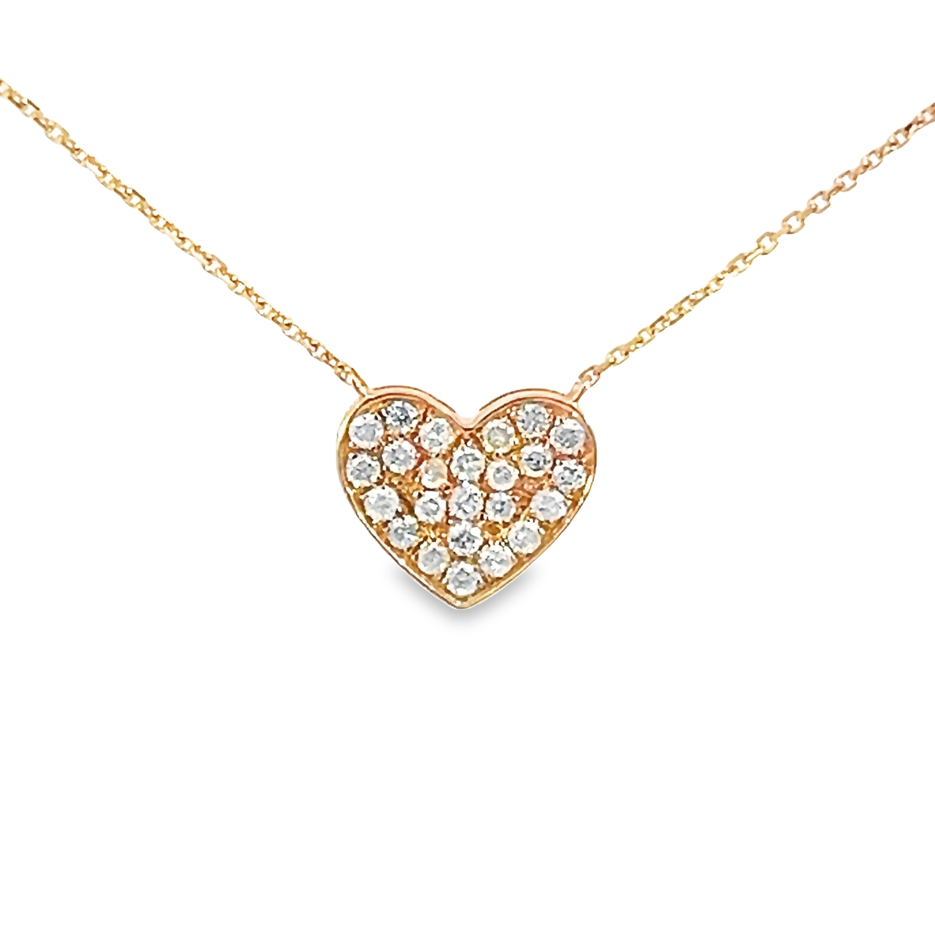 14 Karat rose hold heart necklace with 24=0.25 total weight round brilliant G I Diamonds