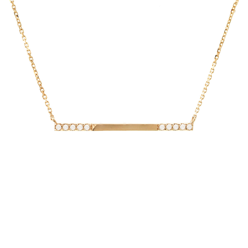 14 karat yellow gold bar necklace with 10=0.07 total weight round brilliant G I Diamonds
