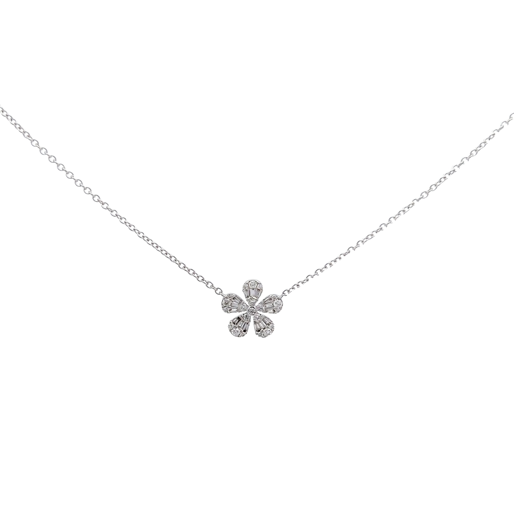 14 Karat white gold flower necklace with 36=0.28 total weight round brilliant and baguette G SI Diamonds