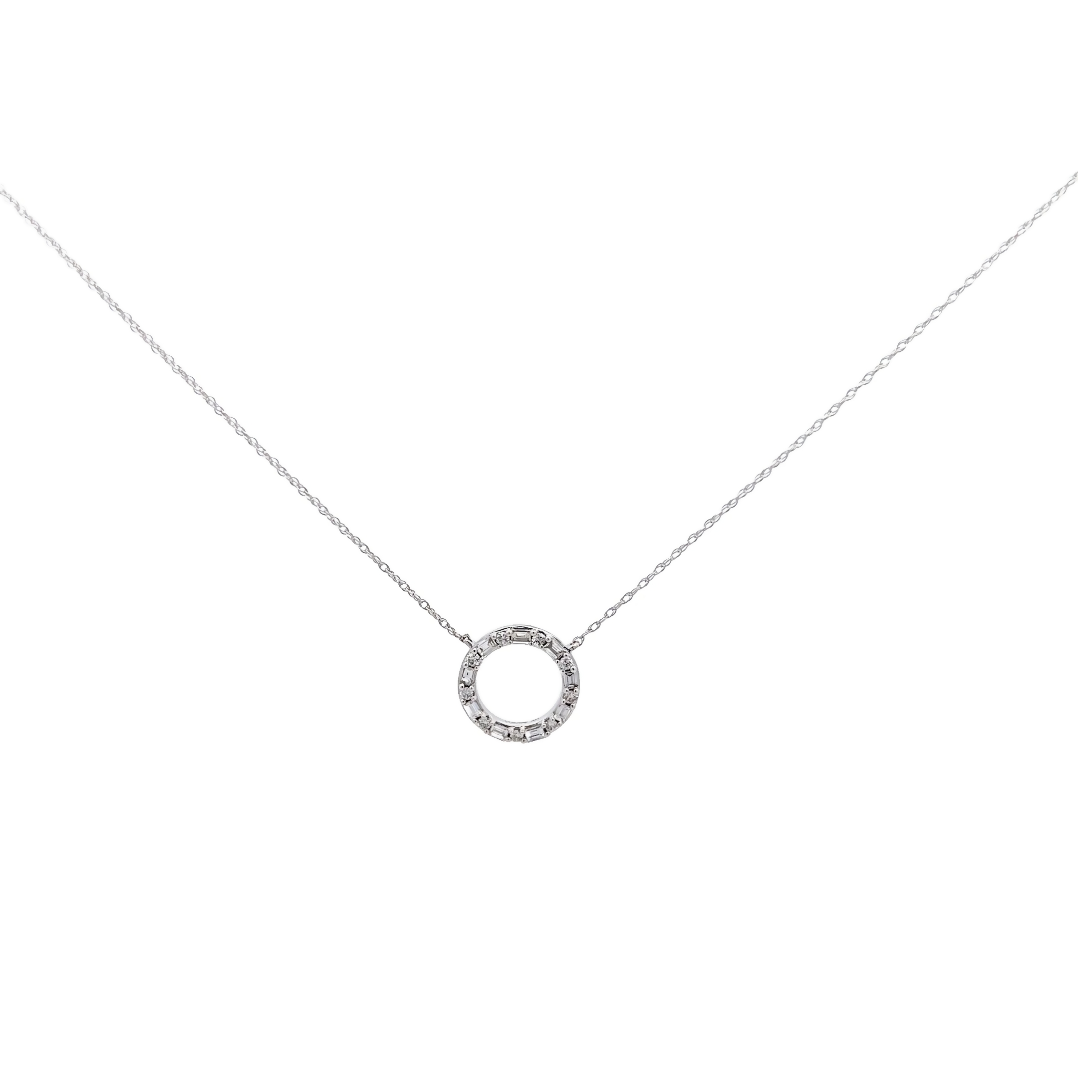 14 Karat white gold circle necklace with 18=0.25 total weight round brilliant and baguette G SI Diamonds