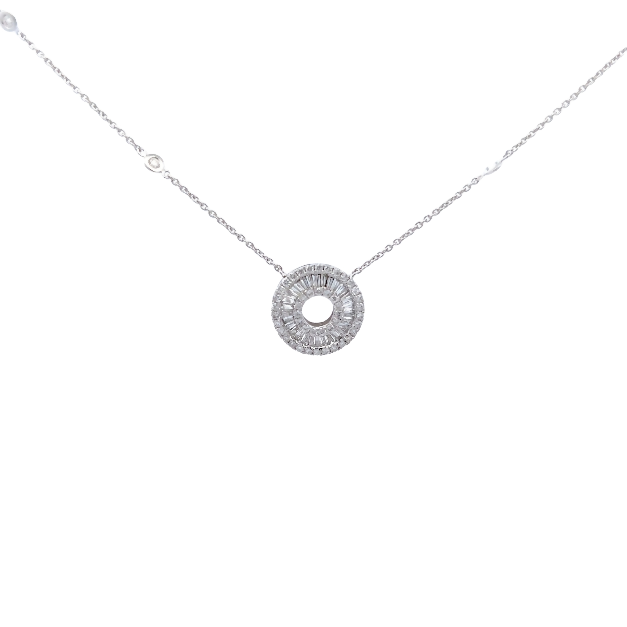 14 Karat white gold circle necklace with 79=1.15 total weight round brilliant and baguette G/H SI Diamonds