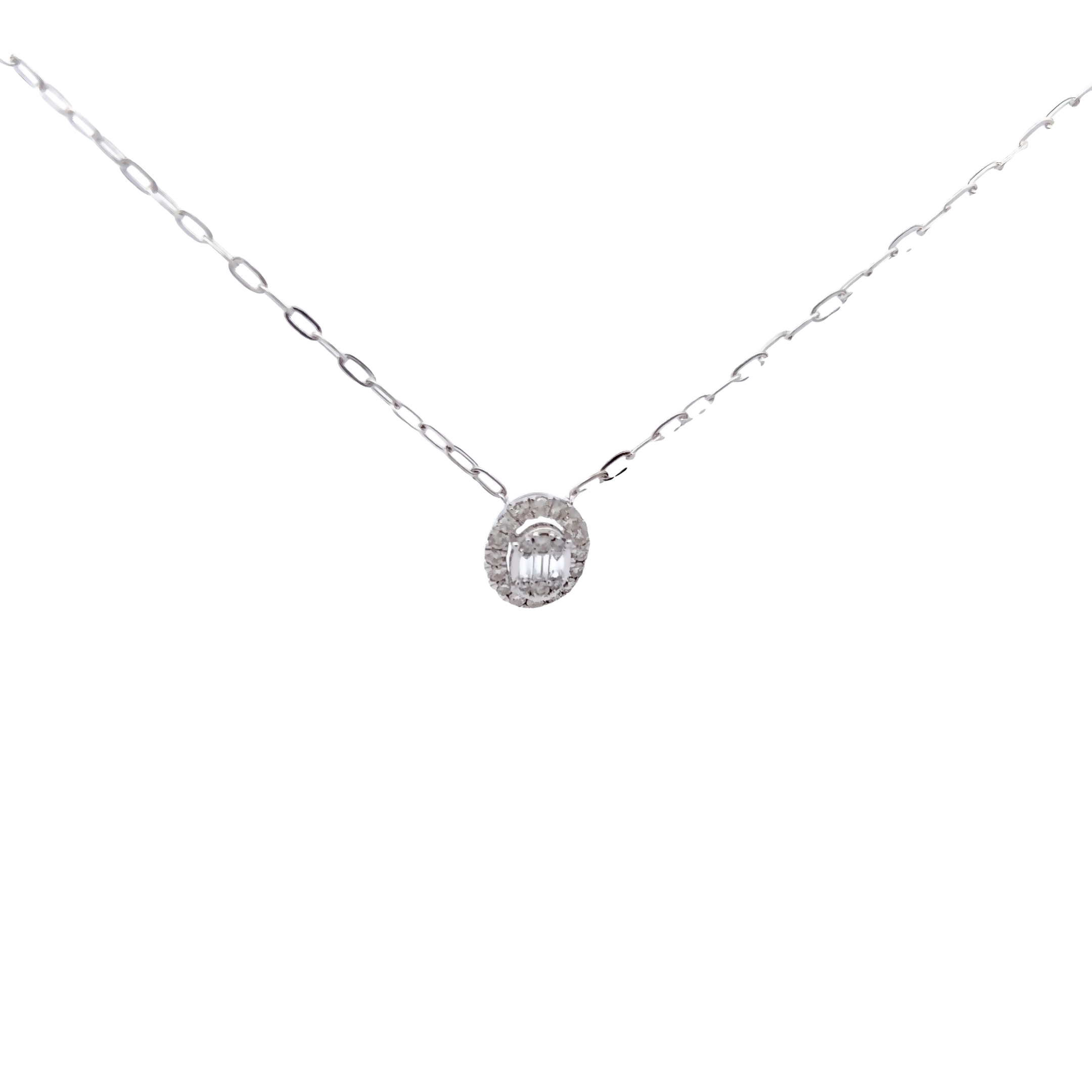 14 Karat white gold oval cluster necklace with 25=0.50 total weight round brilliant and baguette G SI Diamonds