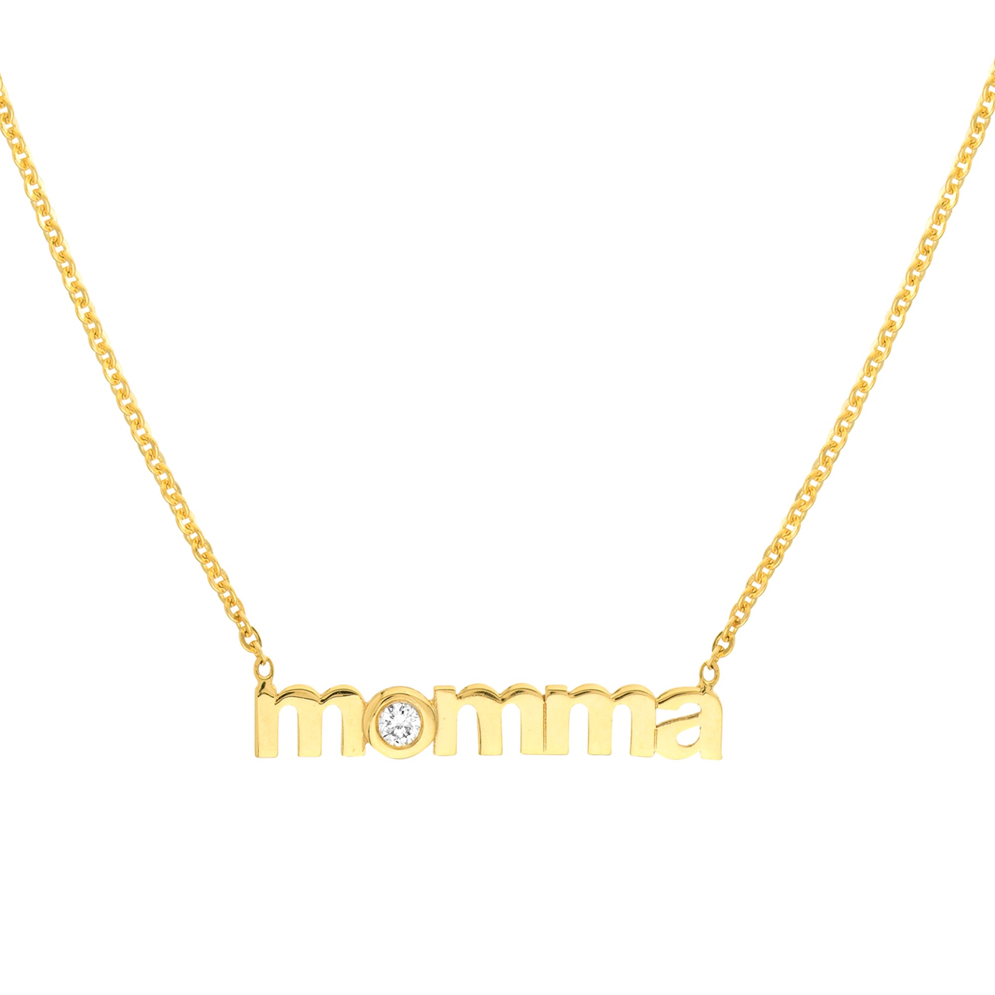 14 karat yellow gold "momma" necklace with one .03 carat round brilliant Diamond