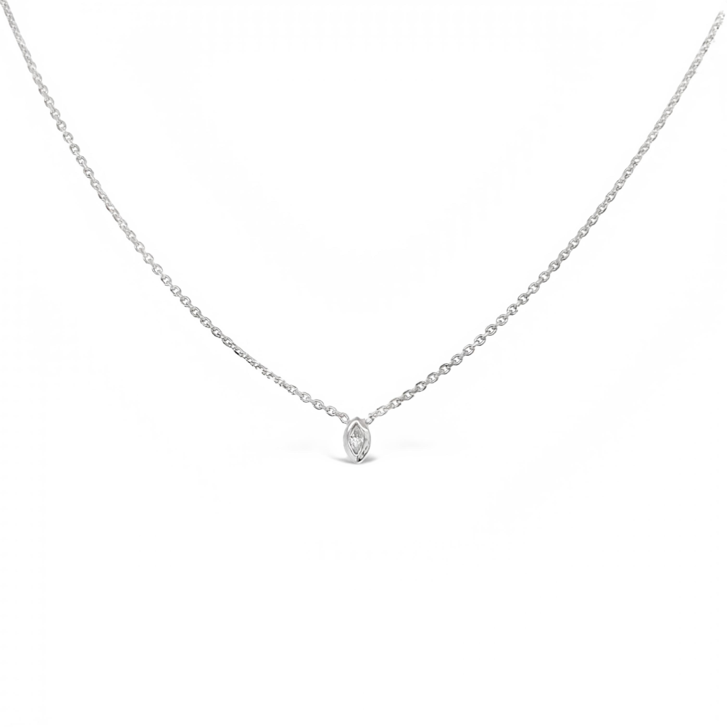 14 karat white gold solitaire necklace with one 0.03ct bezel set marquise Diamond