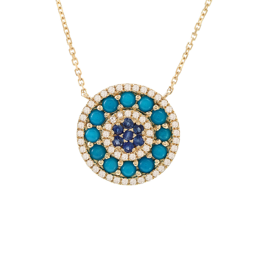 14 Karat yellow gold cluster necklace with 12=0.11 total weight cabochon Turquoises  6 Sapphires and 54=0.17 total weight single cut Diamonds.