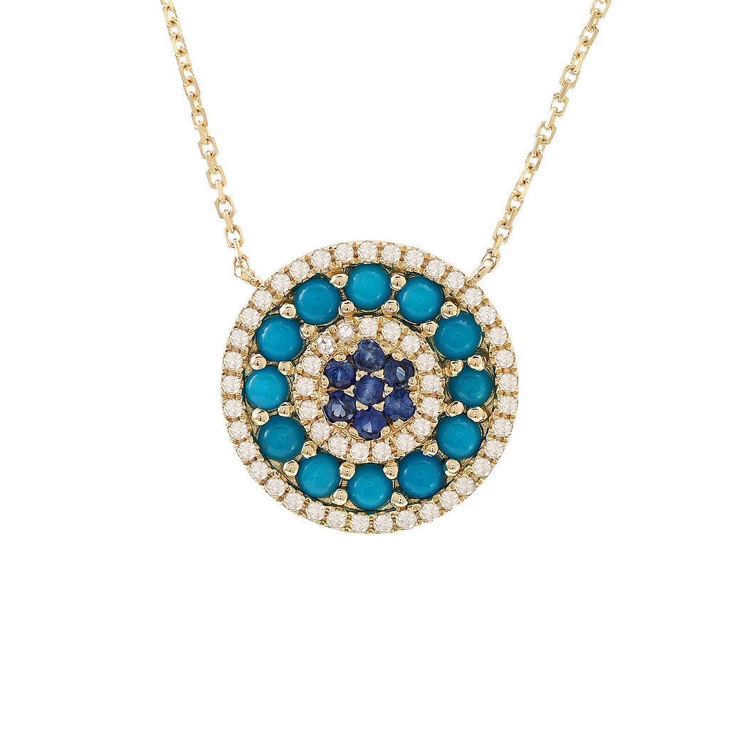 14 Karat Yellow Gold Cluster Necklace With 12=0.11 Total Weight Cabochon Turquoises, 6 Sapphires And 54=0.17 Total Weight Single Cut Diamonds.