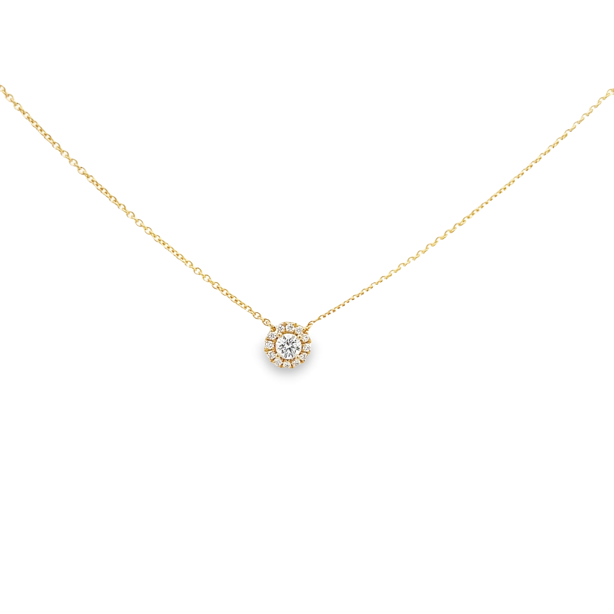 14 karat yellow gold halo solitaire necklace with one 0.25ct round brilliant G VS Diamond and 12=0.12tw round brilliant G VS Diamonds