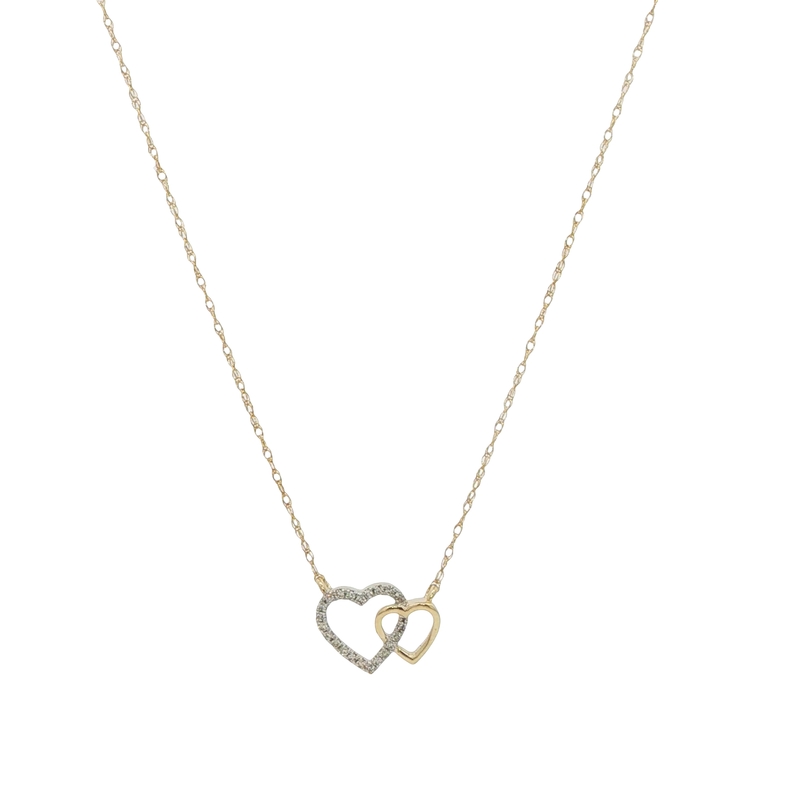 14k Yellow Gold Diamond Double Heart Necklace