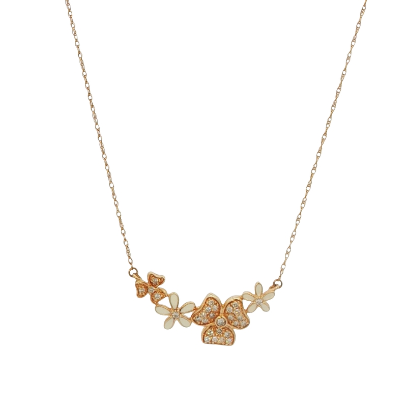 14k Yellow Gold Diamond Floral Bar Necklace