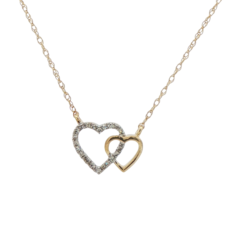 14k Yellow Gold Diamond Double Heart Necklace