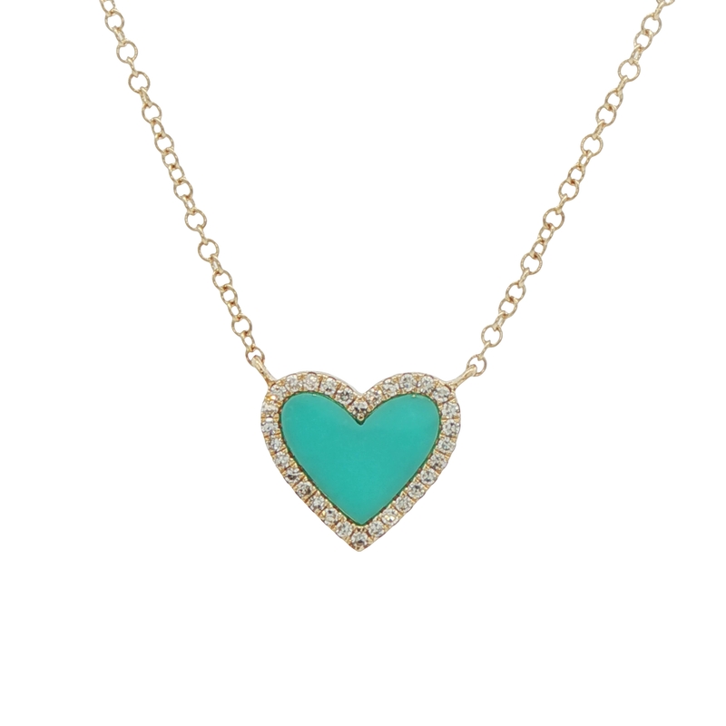 14k Yellow Gold Turquoise And Diamond Heart Necklace
