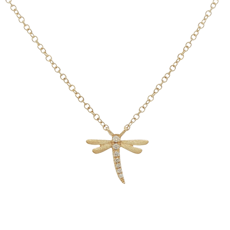14k Yellow Gold Diamond Dragonfly Necklace