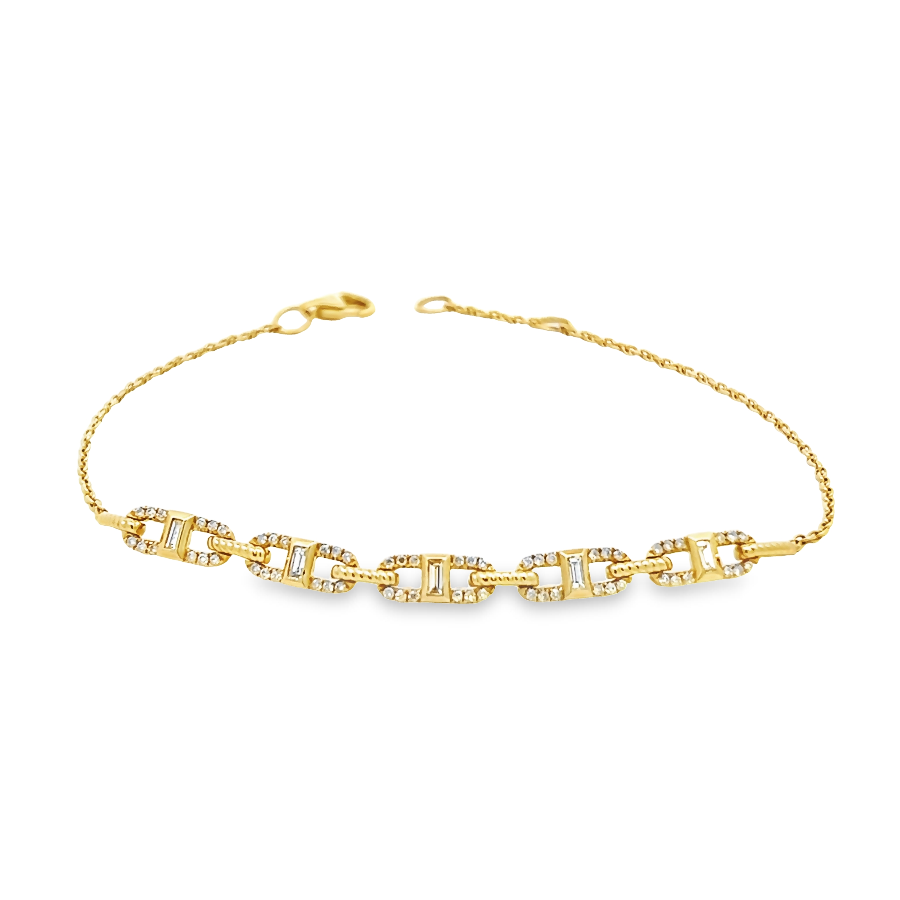 14 Karat yellow gold bracelet with 5=0.11 total weight baguette G/H SI Diamonds and 60=0.17 total weight round brilliant G SI Diamonds