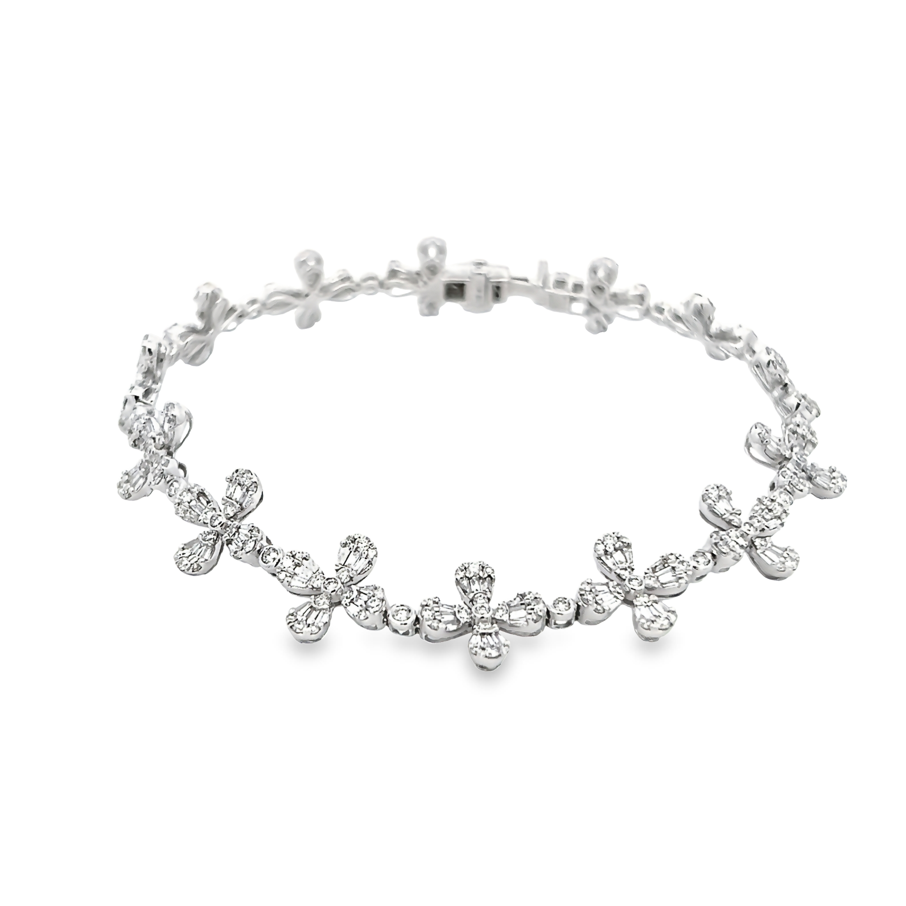 14 Karat white gold flower bracelet with 419=3.35 total weight round brilliant and bauguette G SI Diamonds