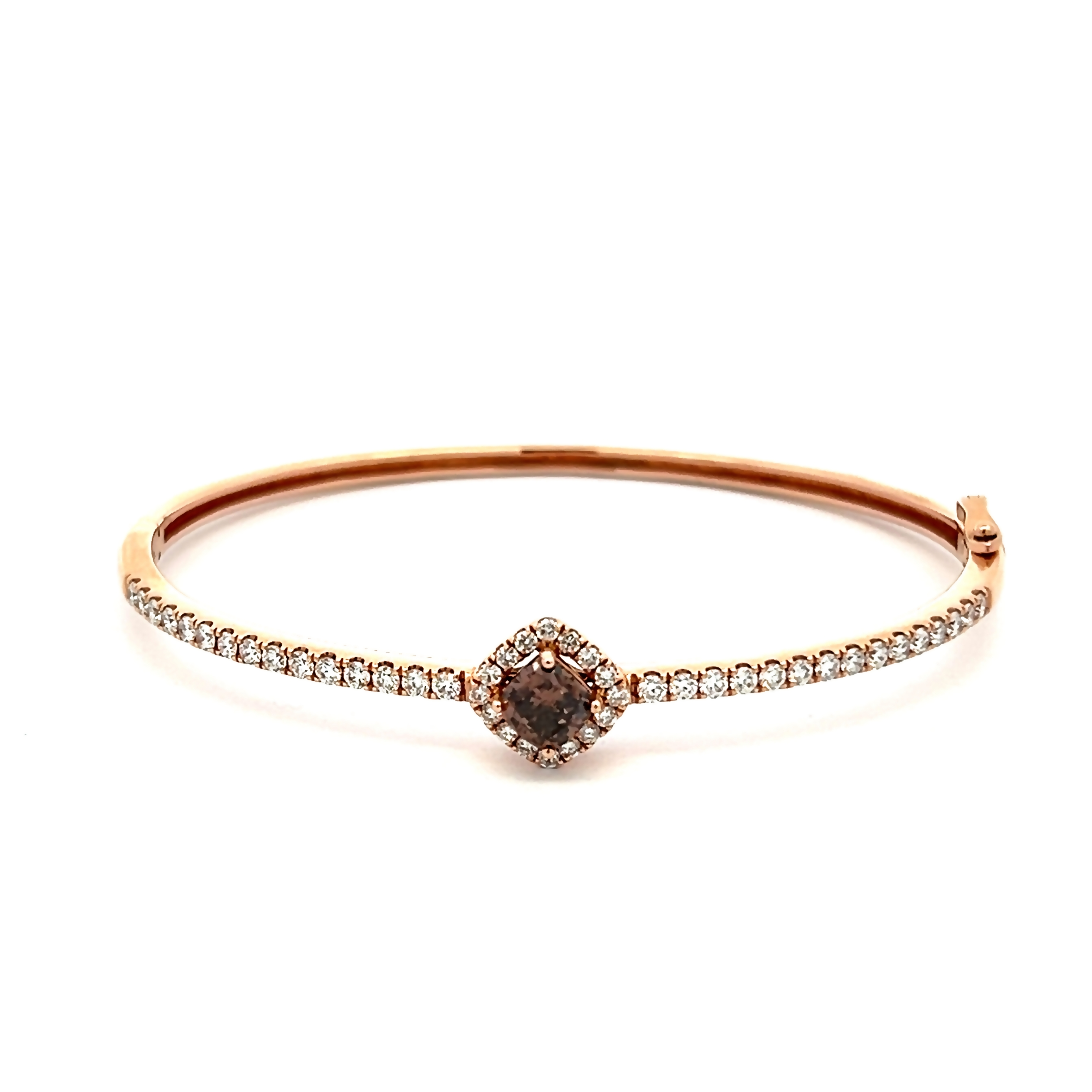 14 Karat rose gold hinged bangle with one 0.81carat cushion natural fancy chocolate Diamond and 46=.90ctw round brilliant G VS Diamonds
