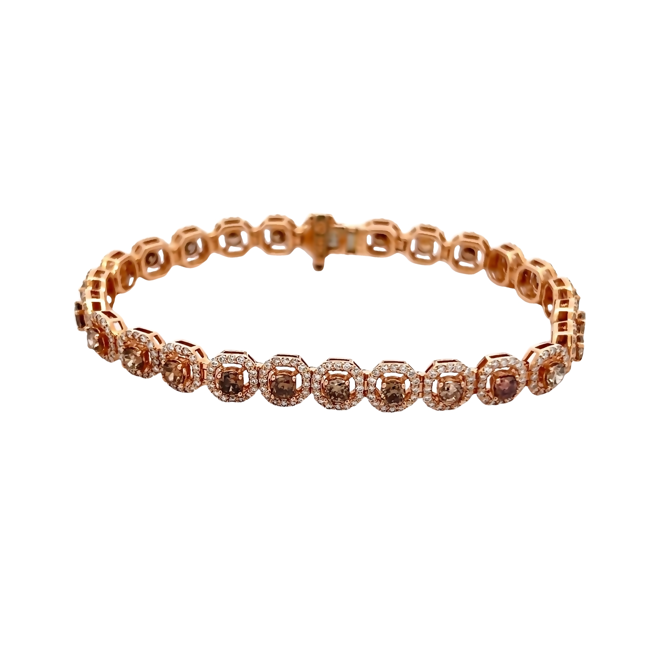 14 Karat rose gold bracelet with 442=6.00 total weight cushion and round brilliant Diamonds.