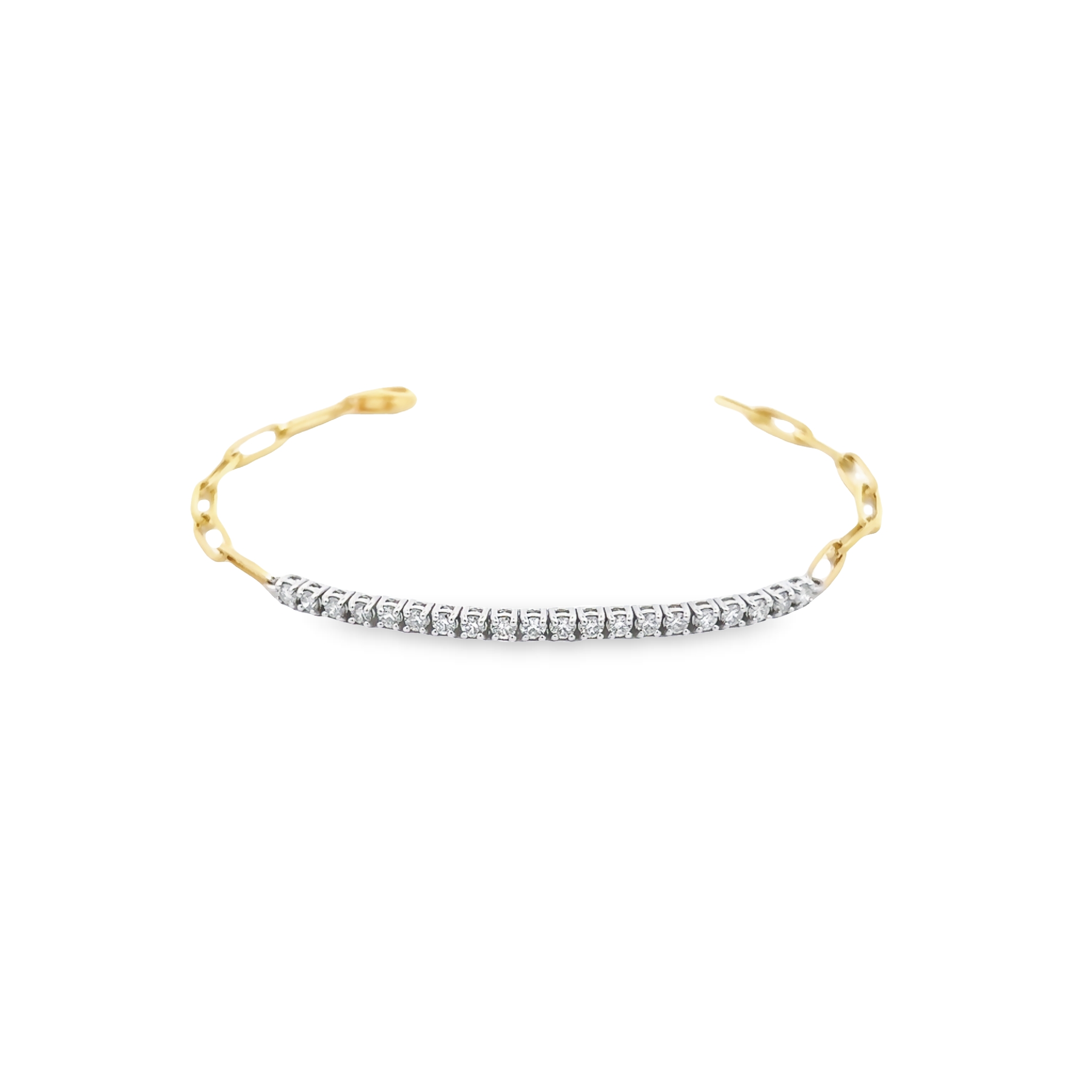 14 Karat Yellow Gold Paper Clip Bracelet With 20=0.75 Total Weight Round Brilliant G Vs Diamonds Set In White Gold.