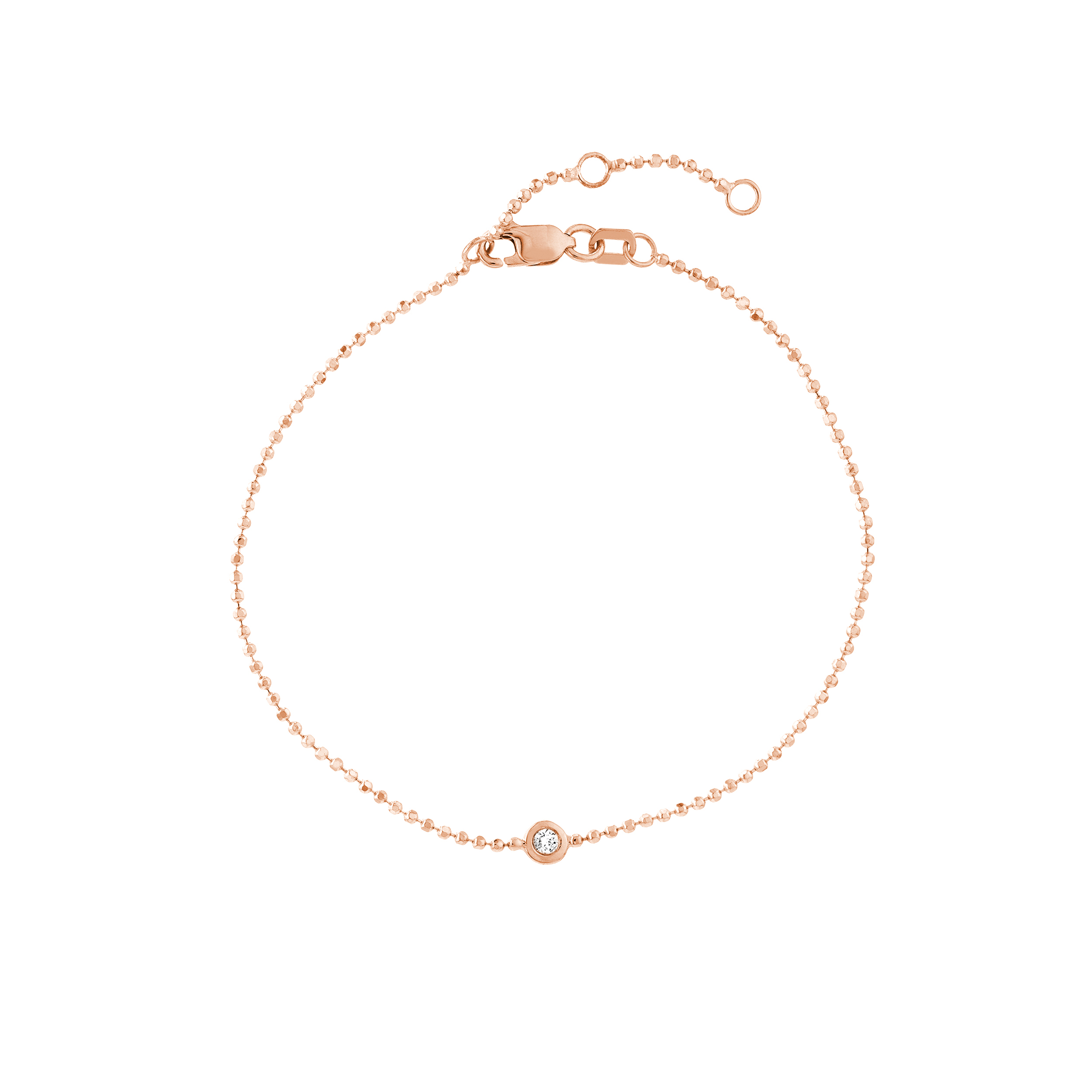 14 karat rose gold bracelet with one .03 carat round brilliant Diamond