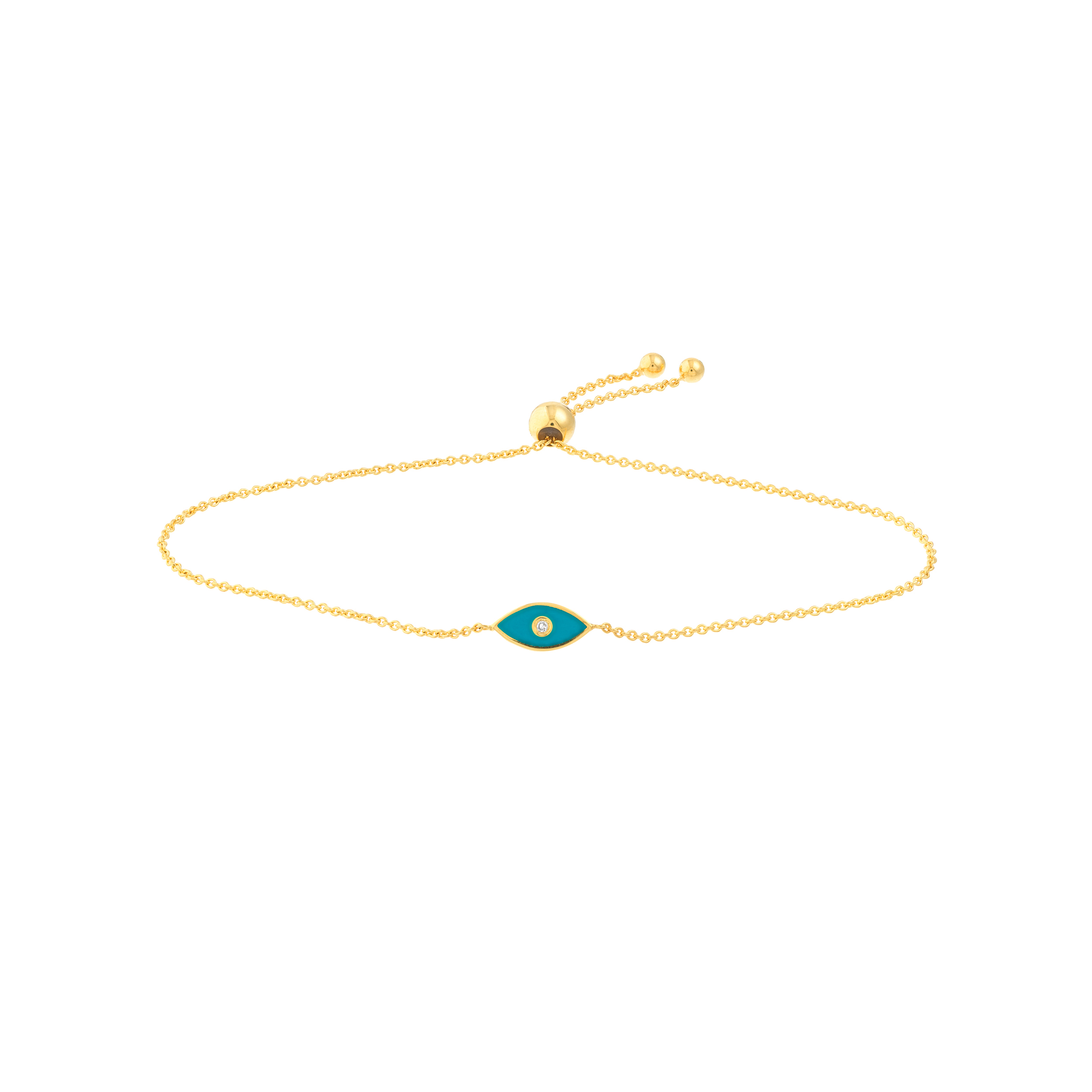 14 karat yellow gold evil eye bolo bracelet with turquoise enamel and one .01 carat round brilliant Diamond