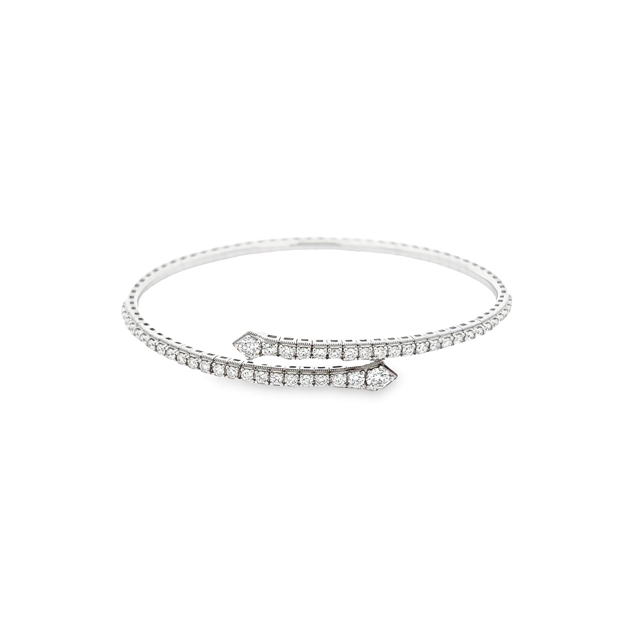 14 karat white gold flexible bangle bracelet with 46=1.40tw round brilliant G VS Diamonds