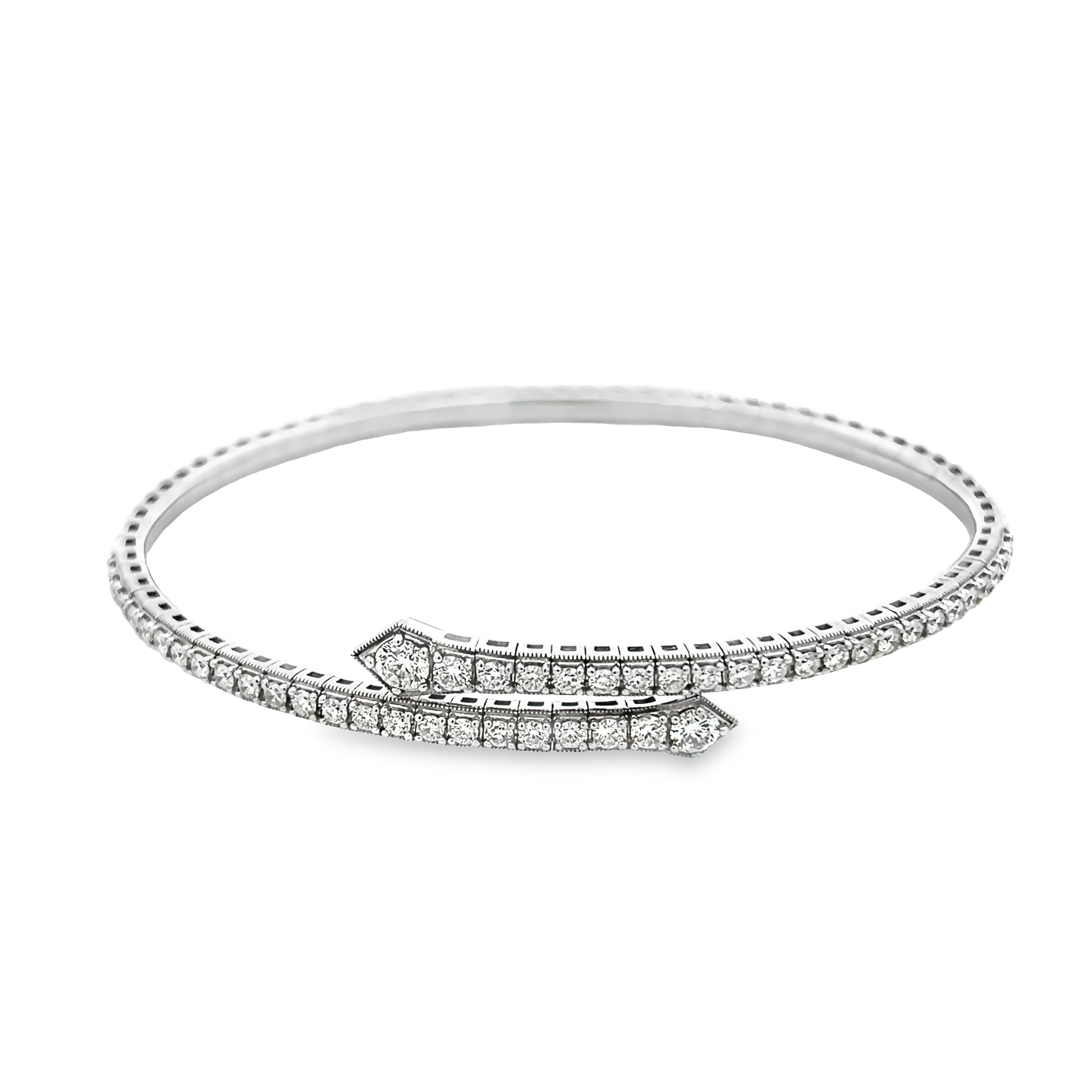 14 karat white gold flexible bangle bracelet with 46=1.40tw round brilliant G VS Diamonds