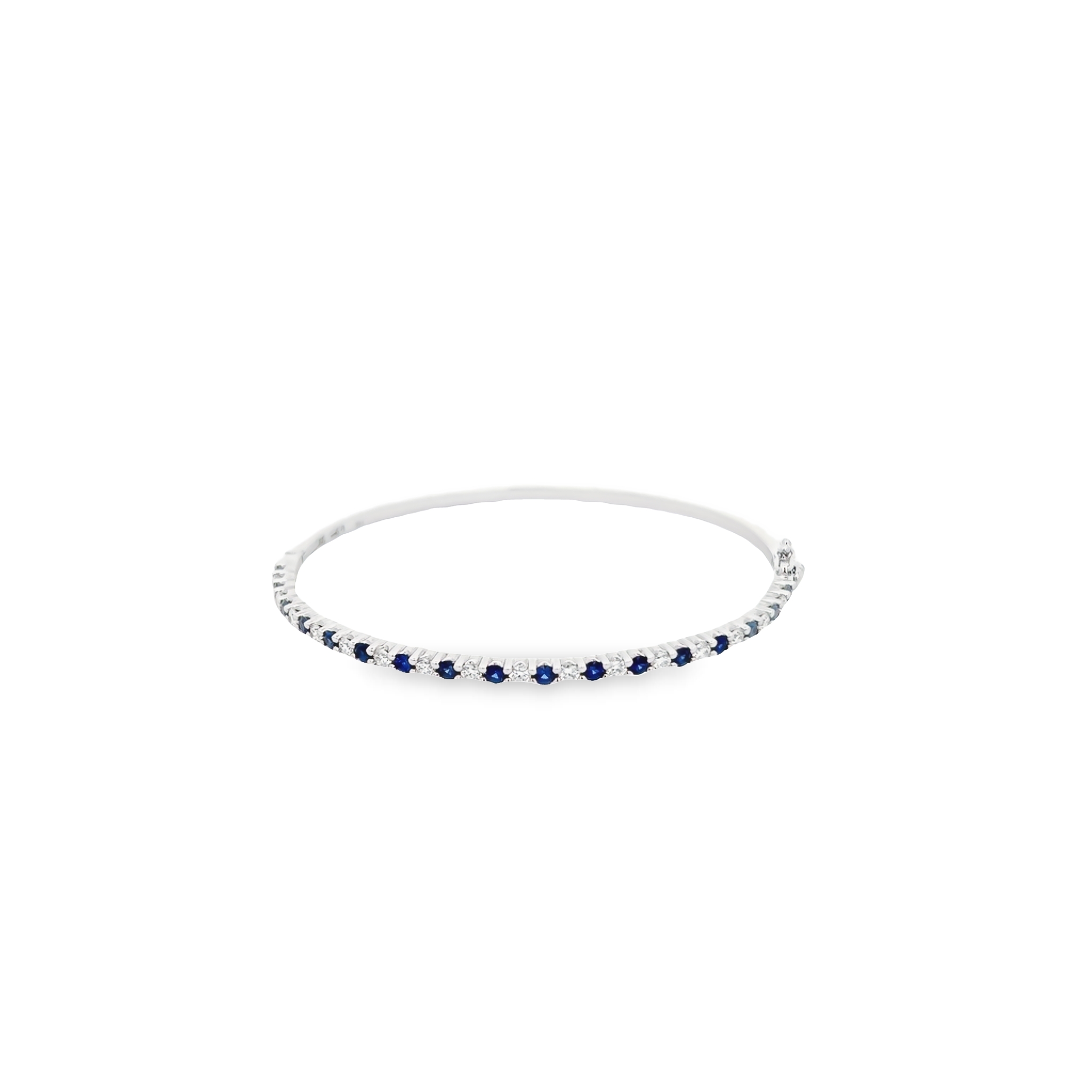 14 Karat White Gold Hinged Bangle Bracelet With 16=0.80 Total Weight Round Brilliant G Vs Diamonds And 17=1.06 Total Weight Round Mixed Cut Sapphires