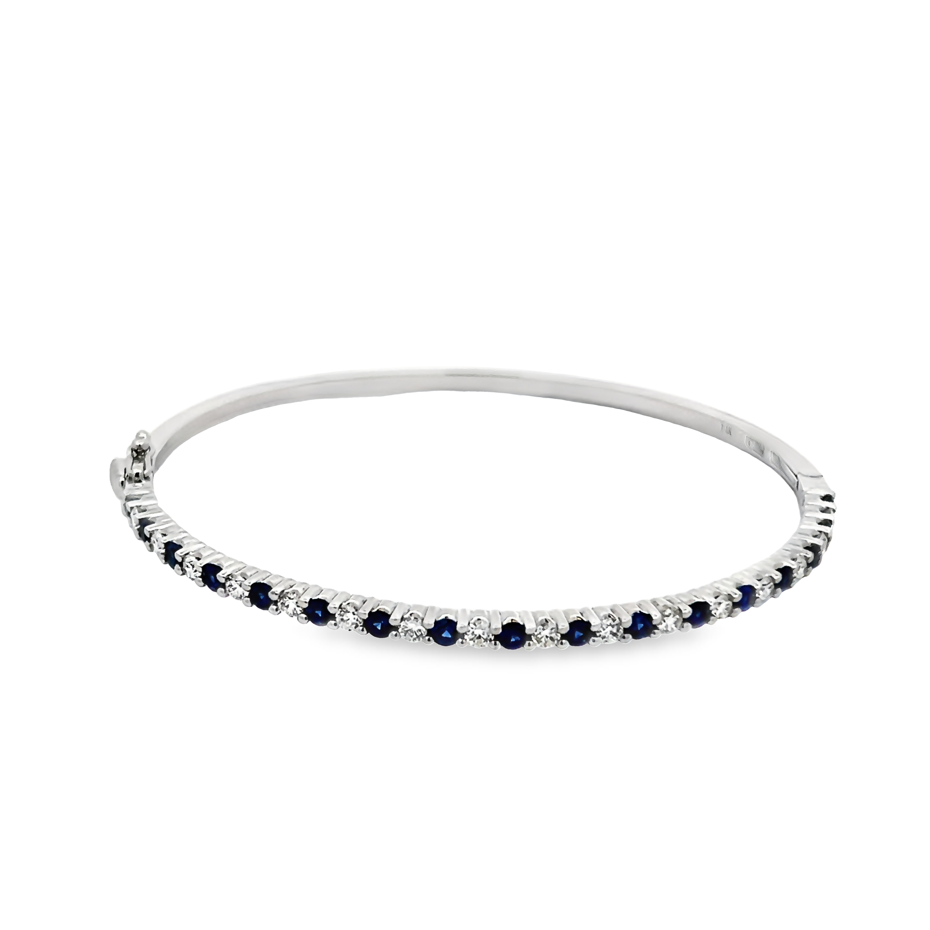 14 Karat White Gold Hinged Bangle Bracelet With 16=0.80 Total Weight Round Brilliant G Vs Diamonds And 17=1.06 Total Weight Round Mixed Cut Sapphires