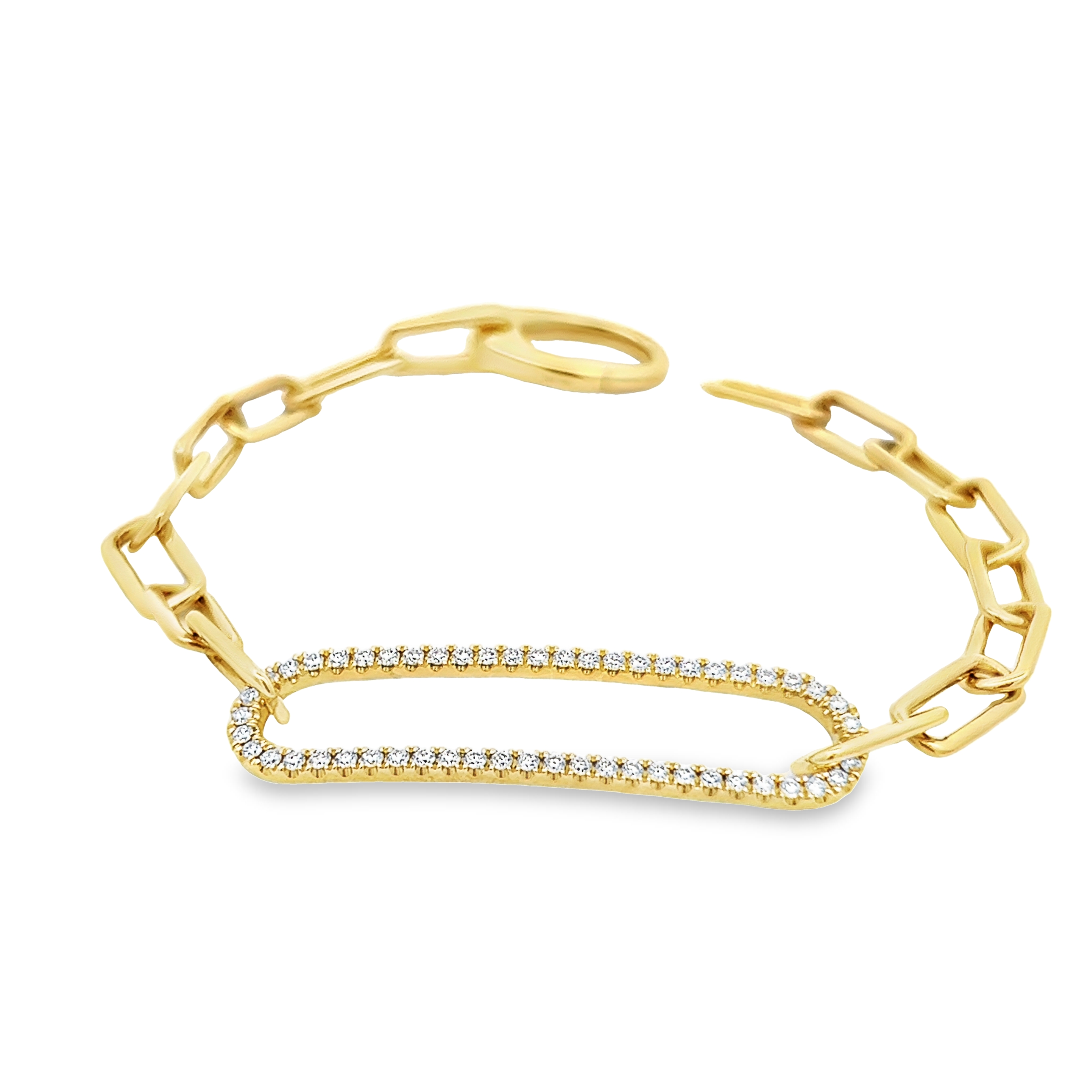 14 Karat yellow gold paperclip bracelet with 54=0.62 total weight round brilliant G VS Diamonds