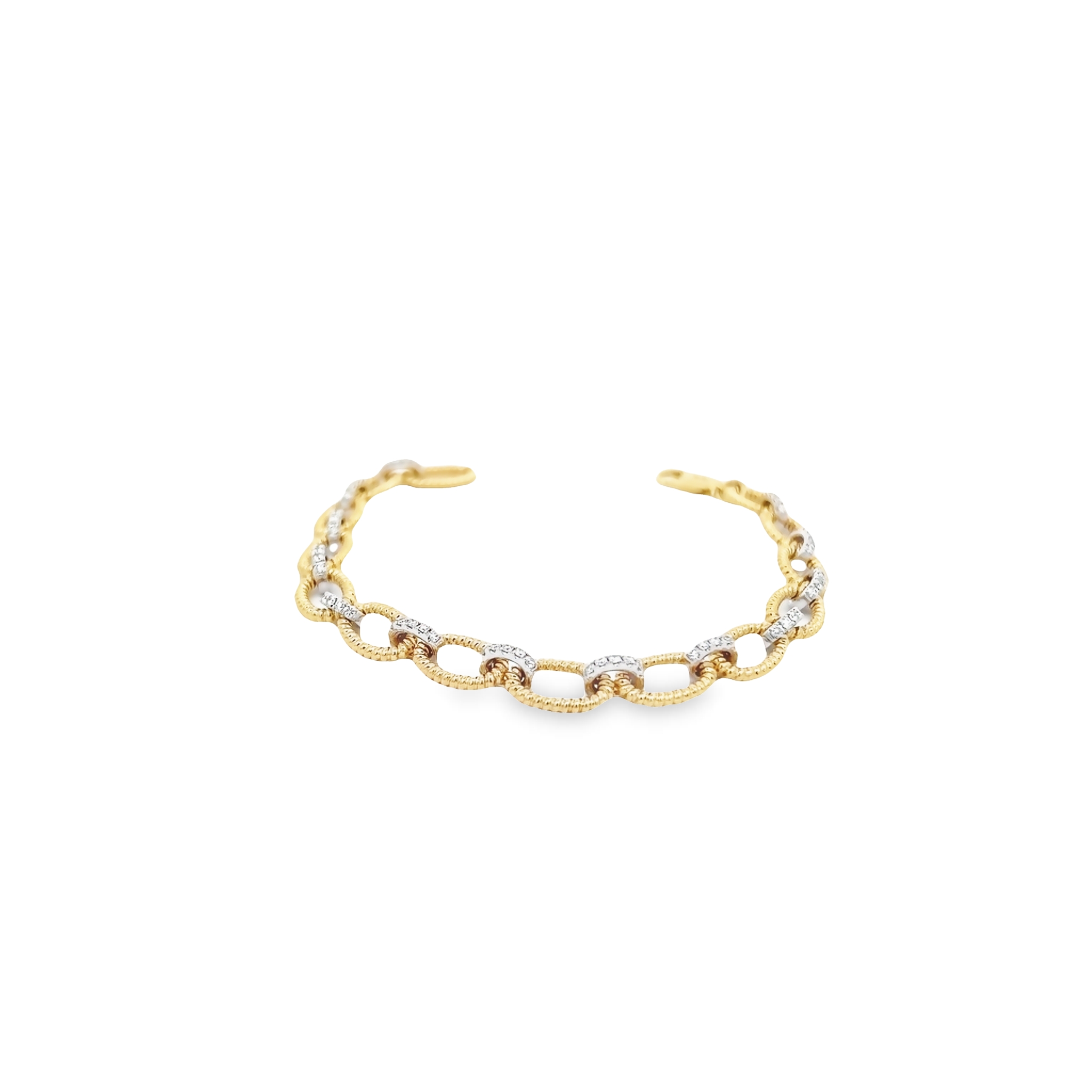 14 Karat yellow gold oval link bracelet with 65=0.60 total weight round brilliant G VS Diamonds set in white gold.