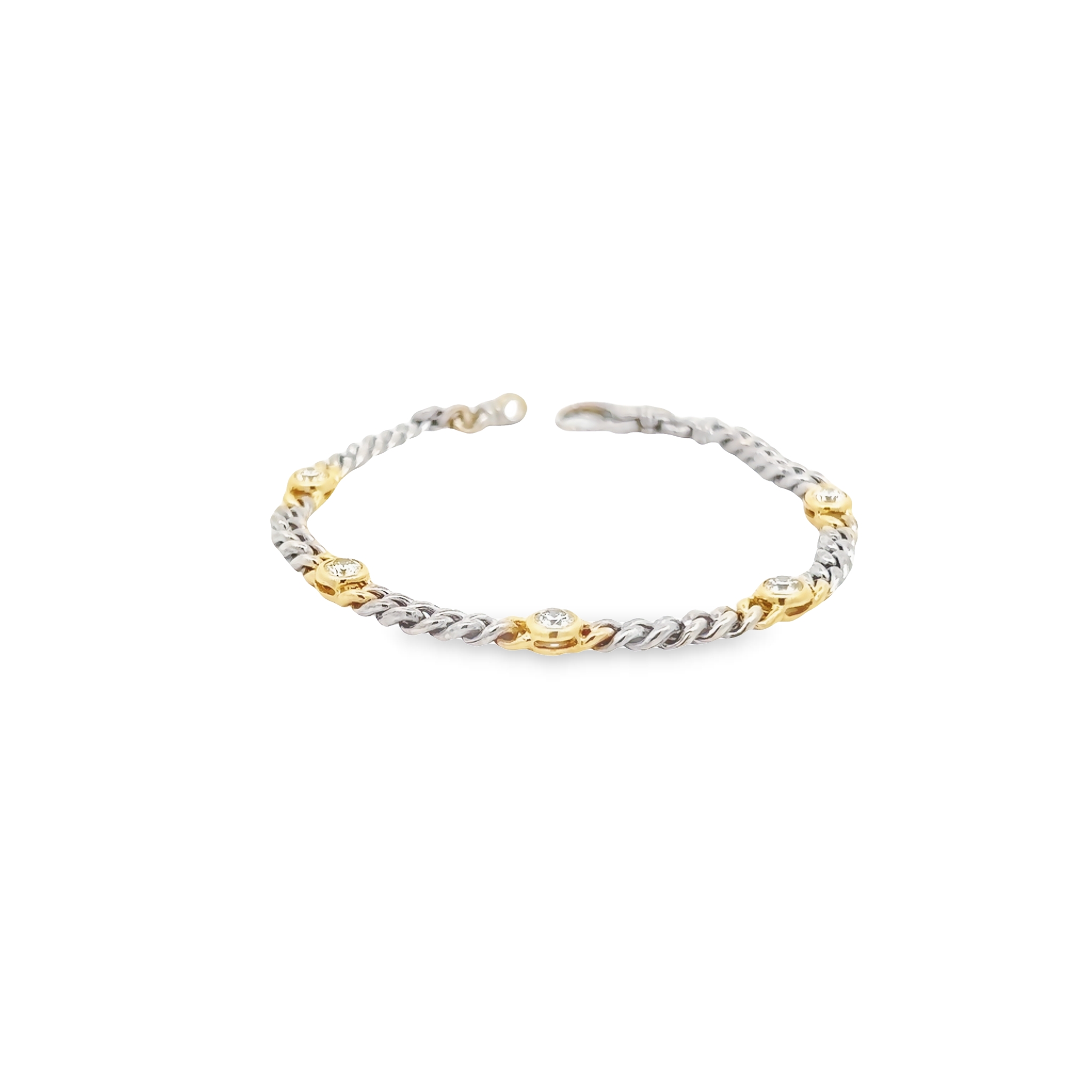 14 Karat White Gold Bracelet With 5=1.04 Total Weight Round Brilliant G Vs Diamonds Bezel Set In 14 Karat Yellow Gold.