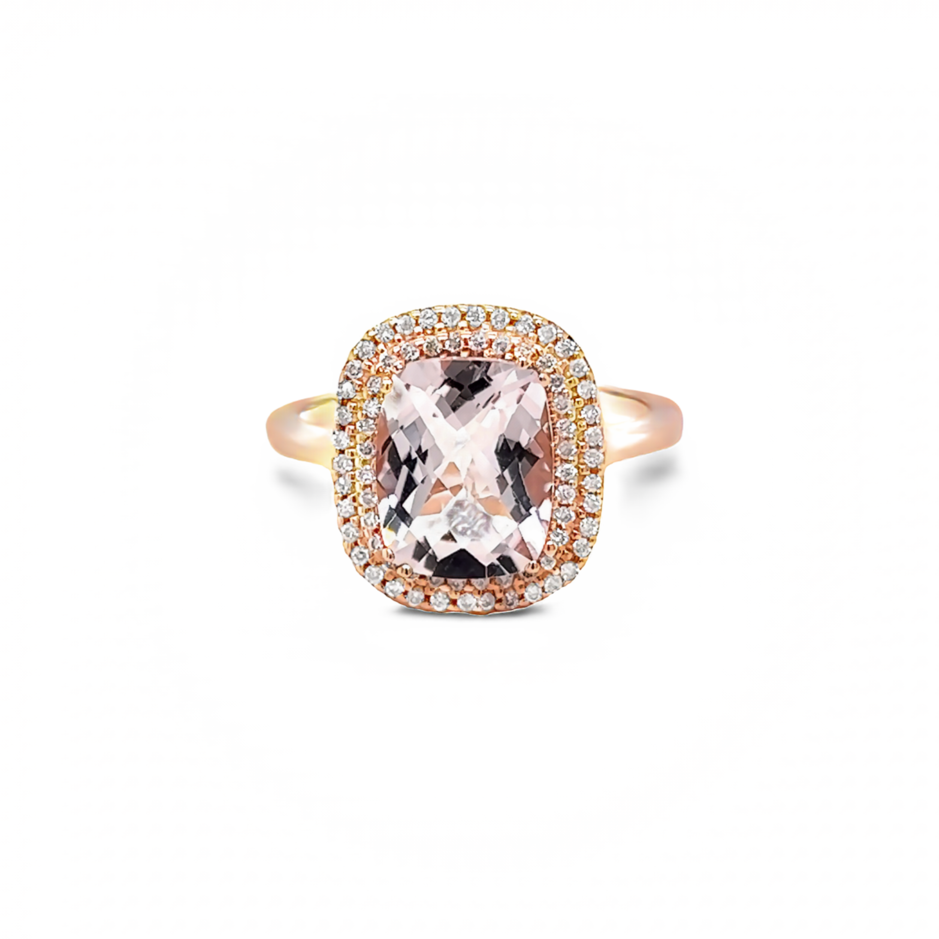 Rose 14 Karat Halo Fashion Ring With One 3.50Ct Cushion Morganite And 70=0.20Tw Round Brilliant G Vs Diamonds