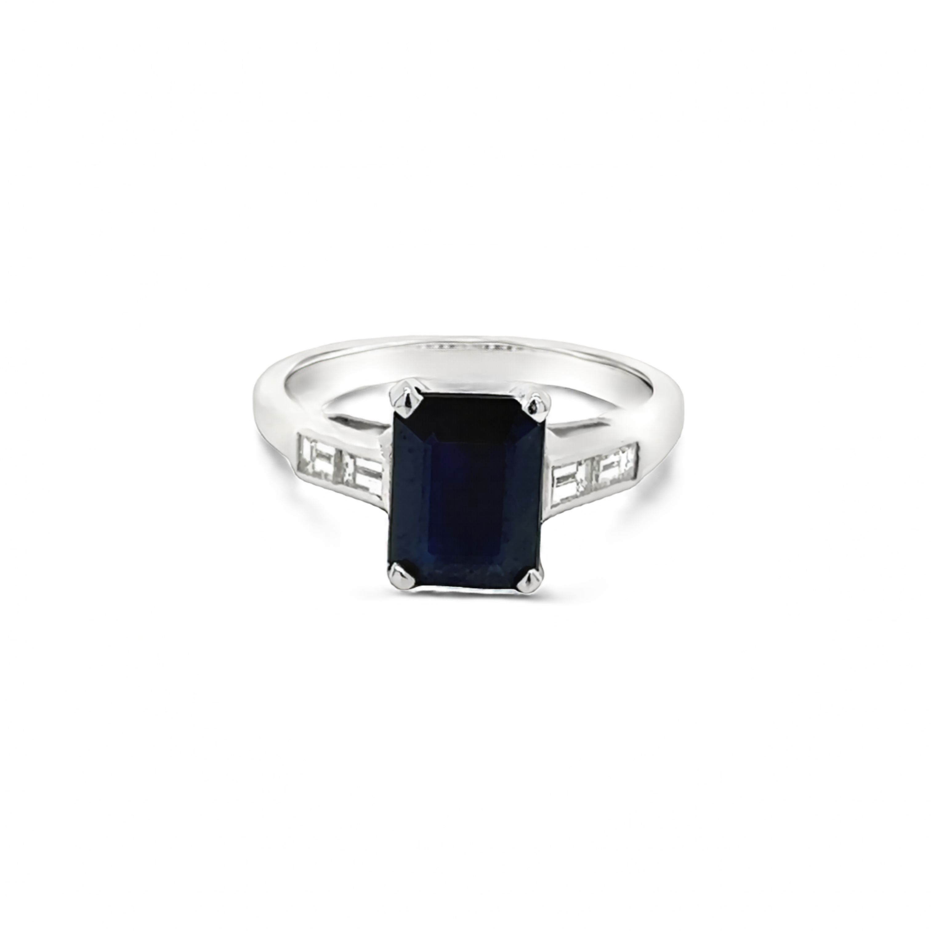 White 14 Karat Antique Fashion Ring With One 2.60Ct Emerald Sapphire And 4=0.36Tw Baguette G Vs Diamonds