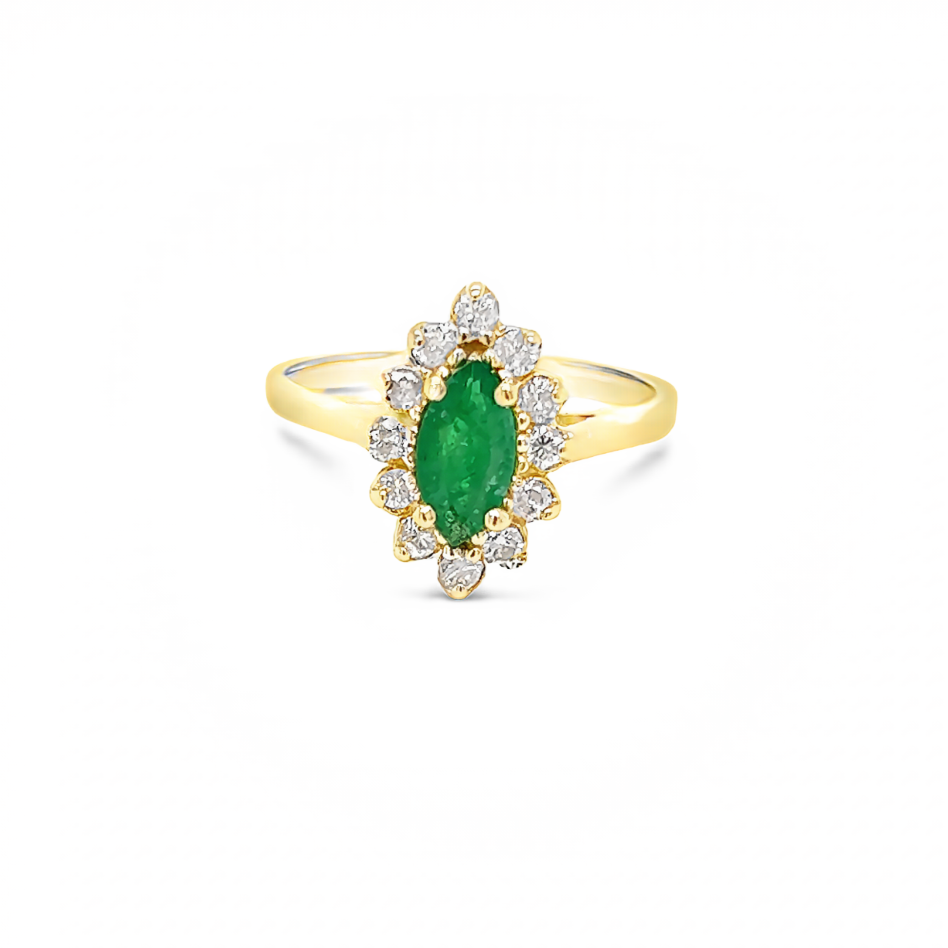14k Yellow Gold Marquis Emerald Ring With Diamond Halo