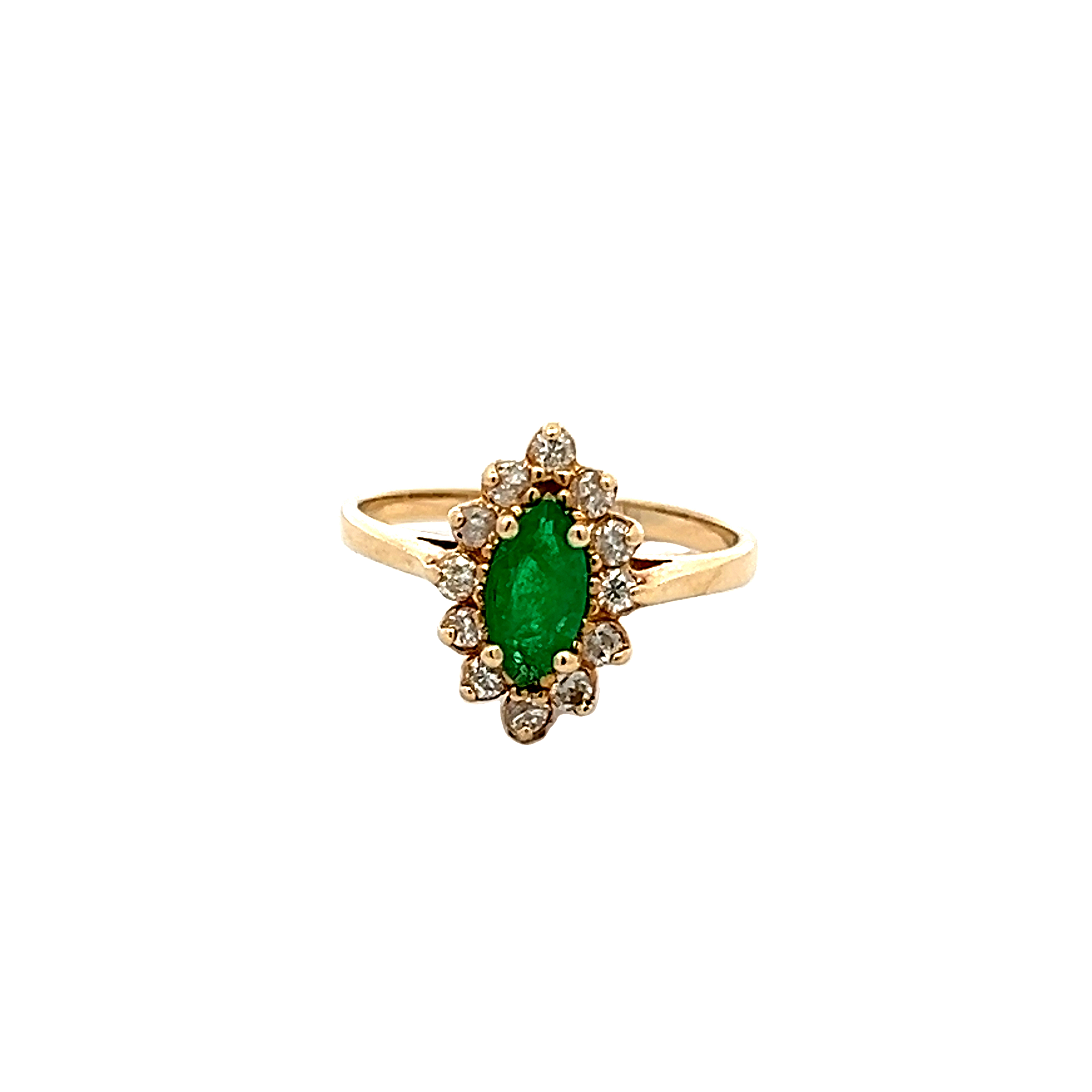 Yellow 14 Karat Ring with one 8.00x4.00mm Marquise Emerald &  12=0.50tw Round Brilliant G I Diamonds