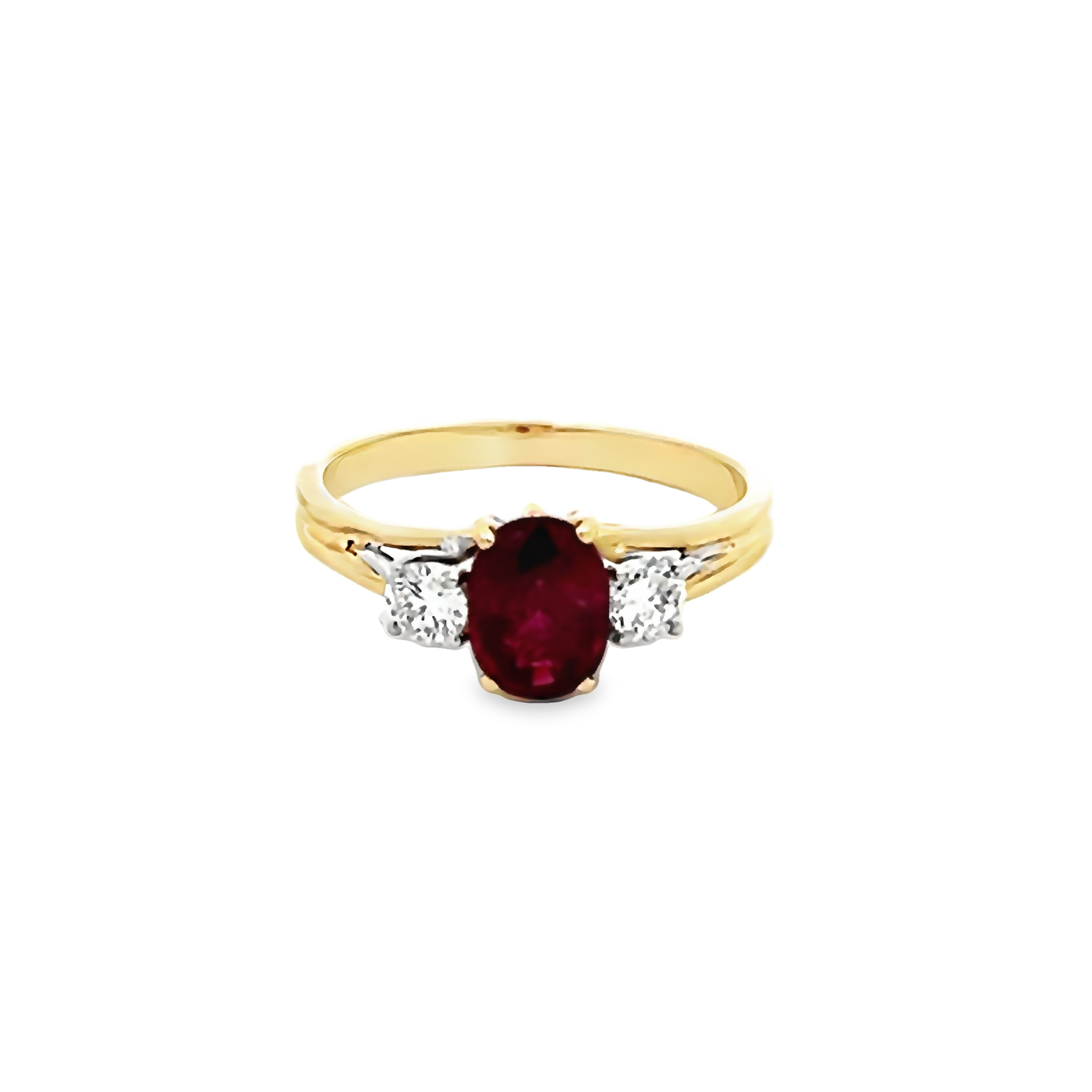 14k Yellow Gold Three Stone Ruby And Diamond Ring