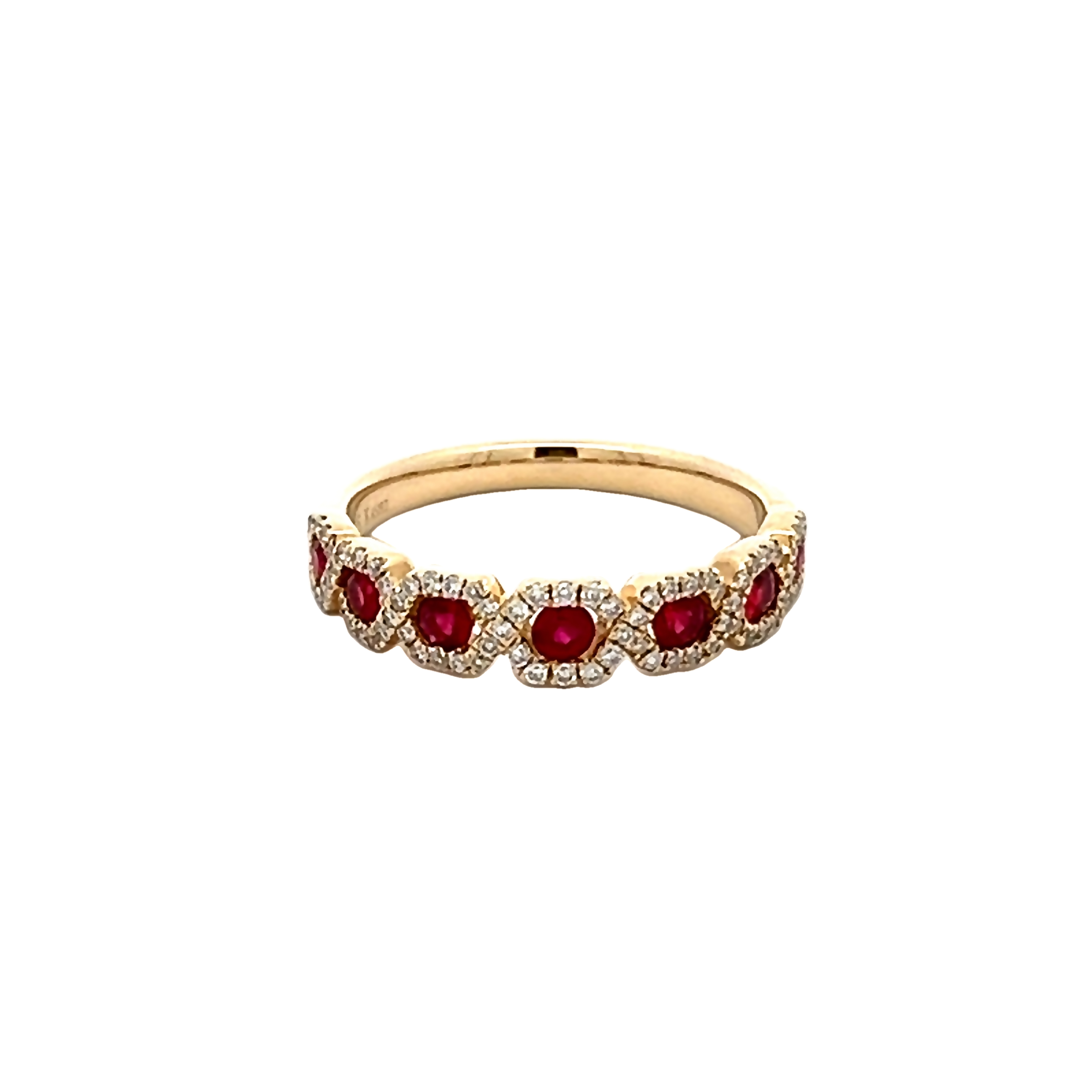 14 Karat yellow gold ring with 7=0.48total weight round Rubys and 83=0.26total weight round brilliant G VS Diamonds