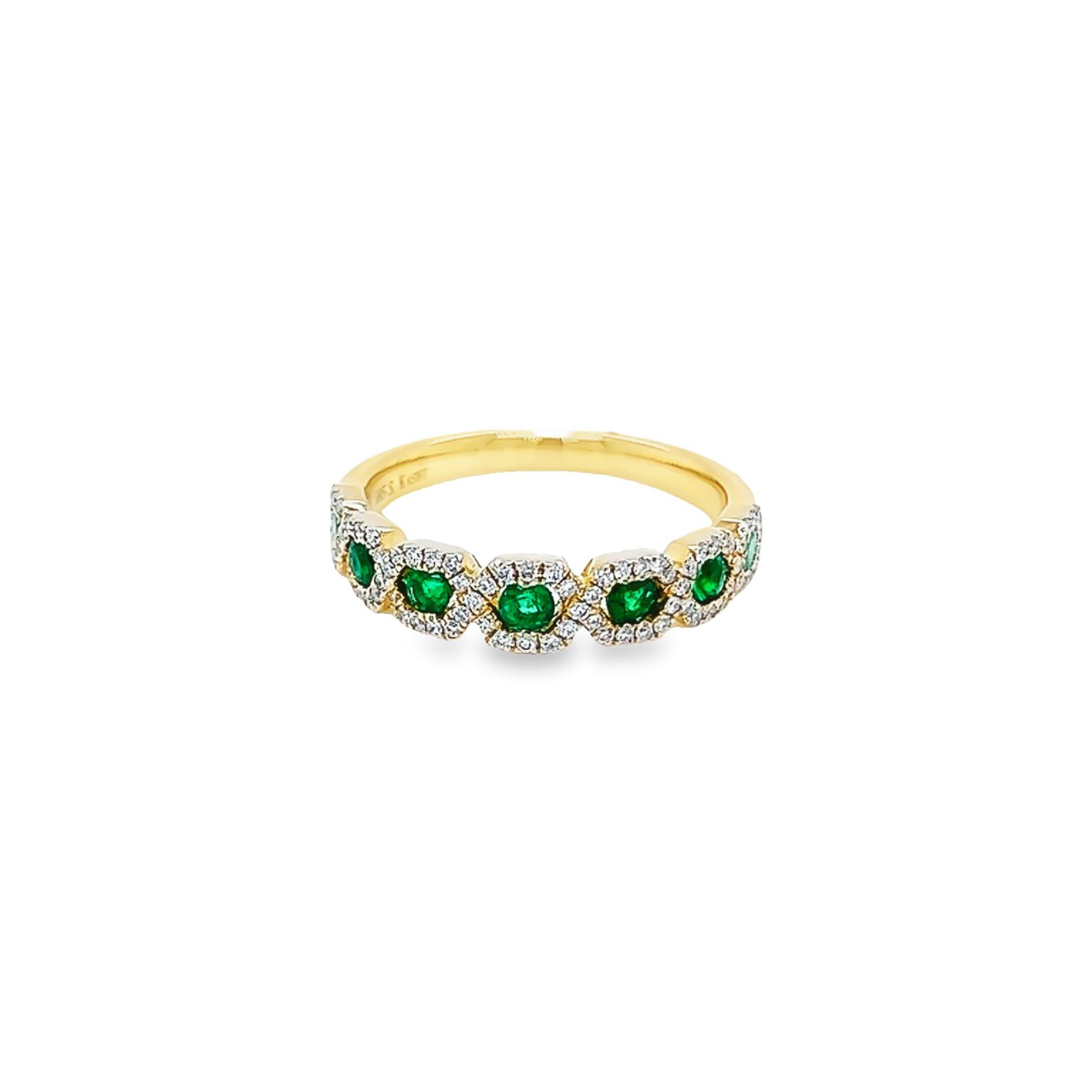 14 karat yellow gold ring Size 6.5 with 7=0.40 total weight round Emeralds and 85=0.26 total weight round brilliant G VS Diamonds