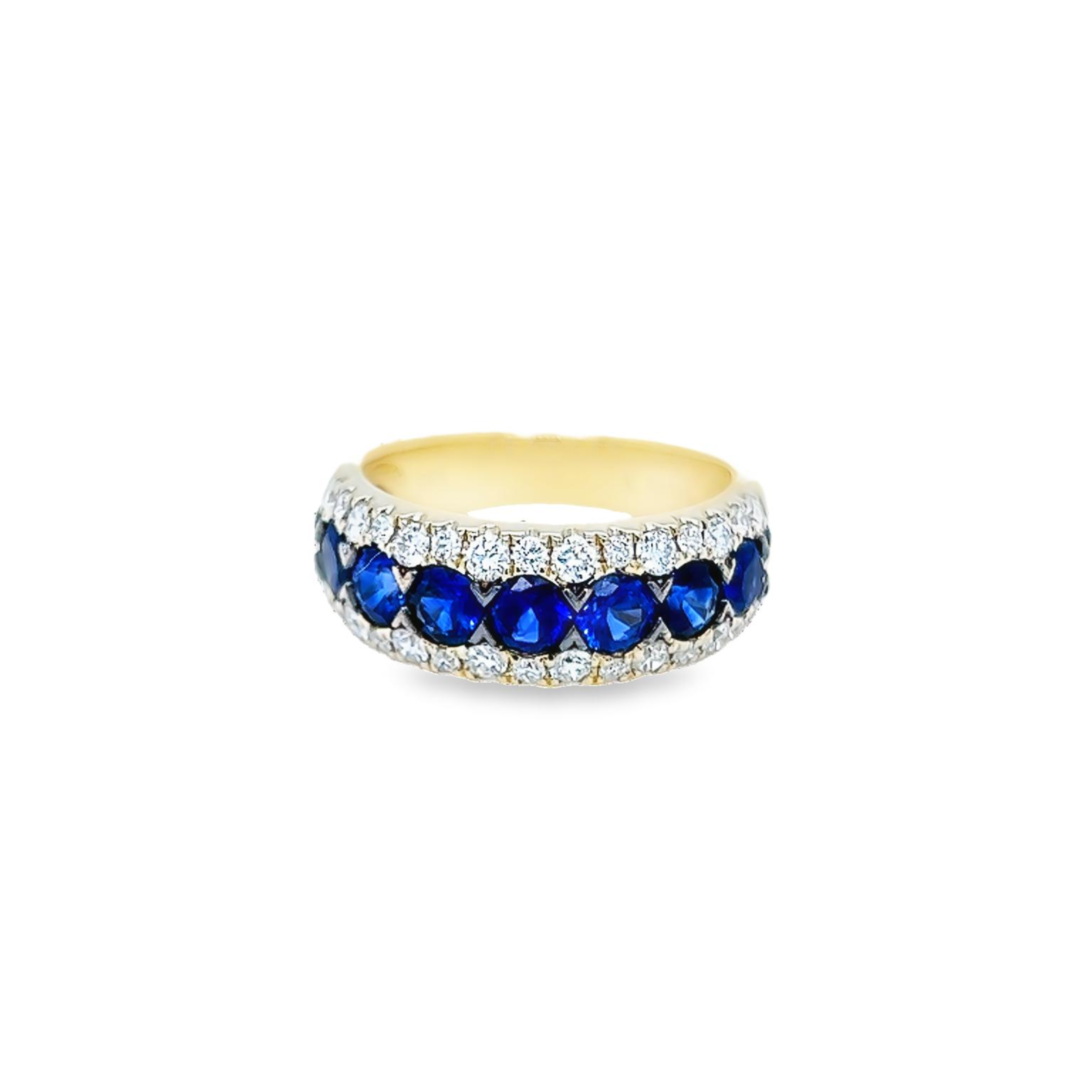 14 karat yellow gold fashion ring with 7=1.79 total weight round Sapphires and 30=0.61 total weight round brilliant G VS Diamonds