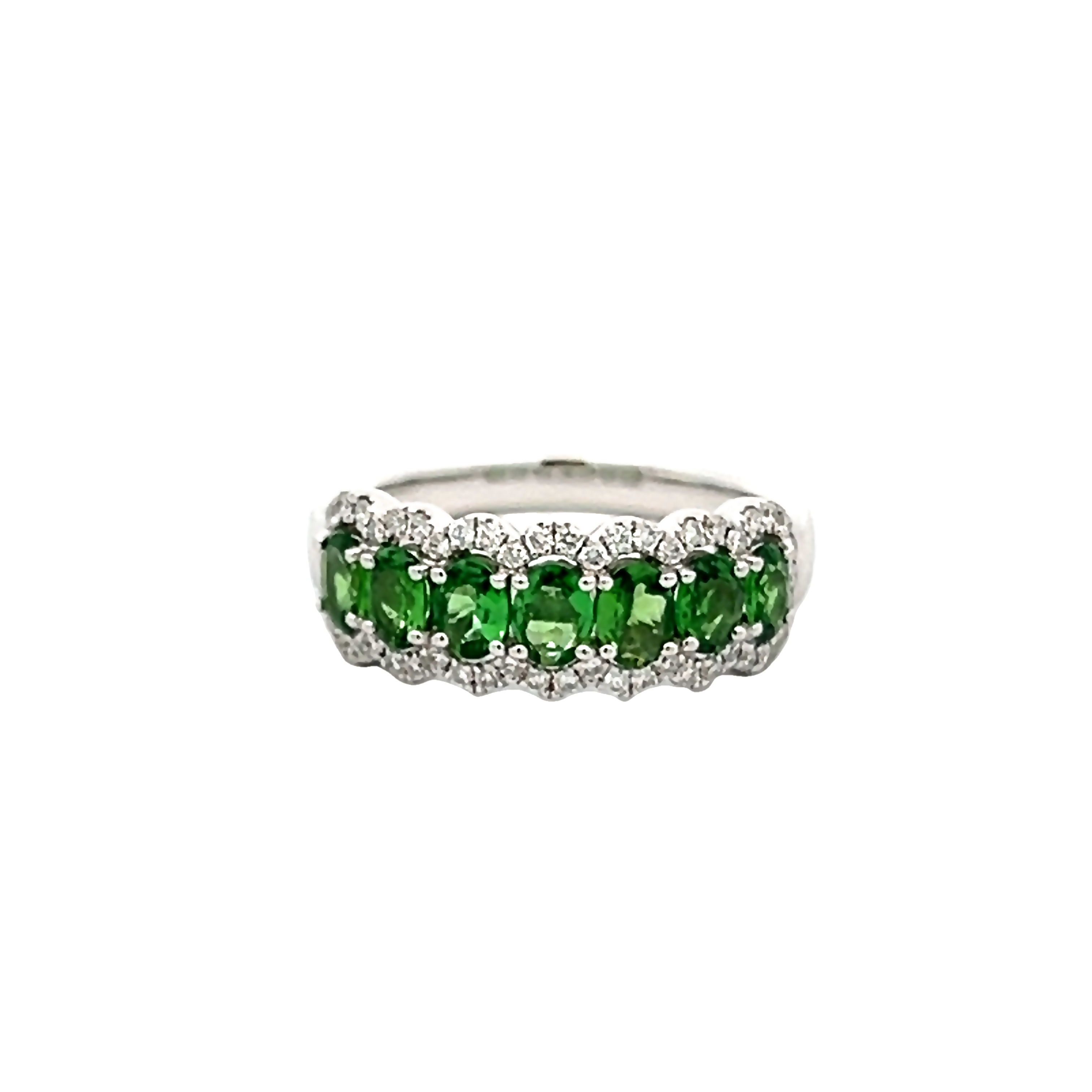 14 Karat white gold ring  size 6.5  with 7=1.25 total weight oval Tsavorite Garnets and 51=0.25 total weight round brilliant G VS Diamonds