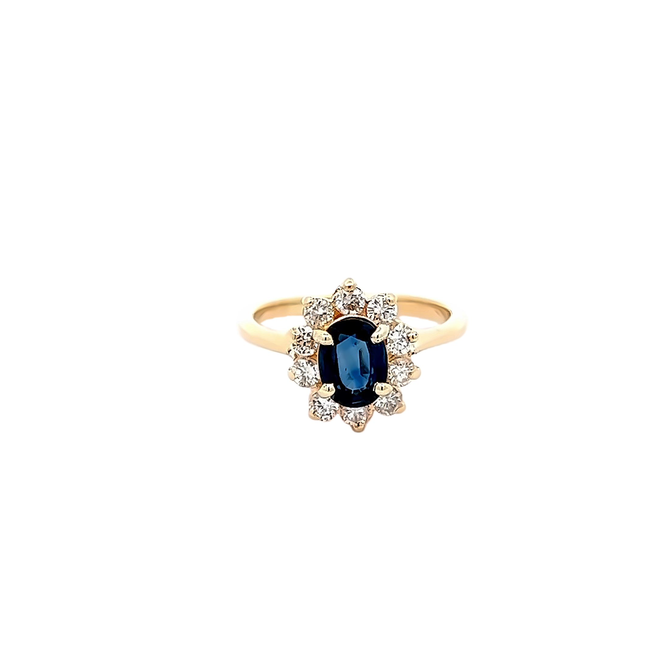 14 Karat yellow gold ring with One 1.00Ct oval Sapphire and 10=0.50 total weight round brilliant G SI Diamonds